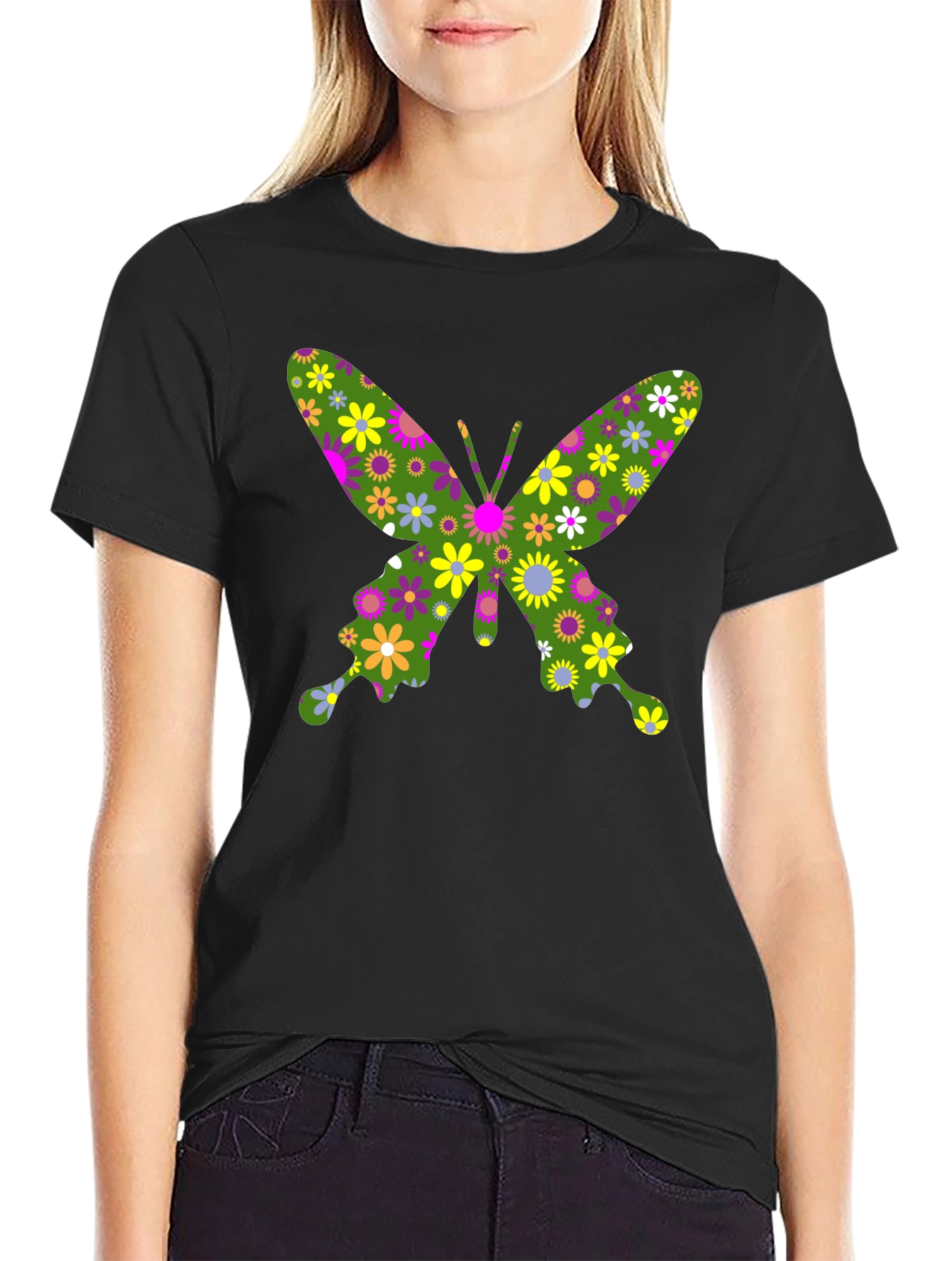 Floral Butterfly Print Black T-Shirt