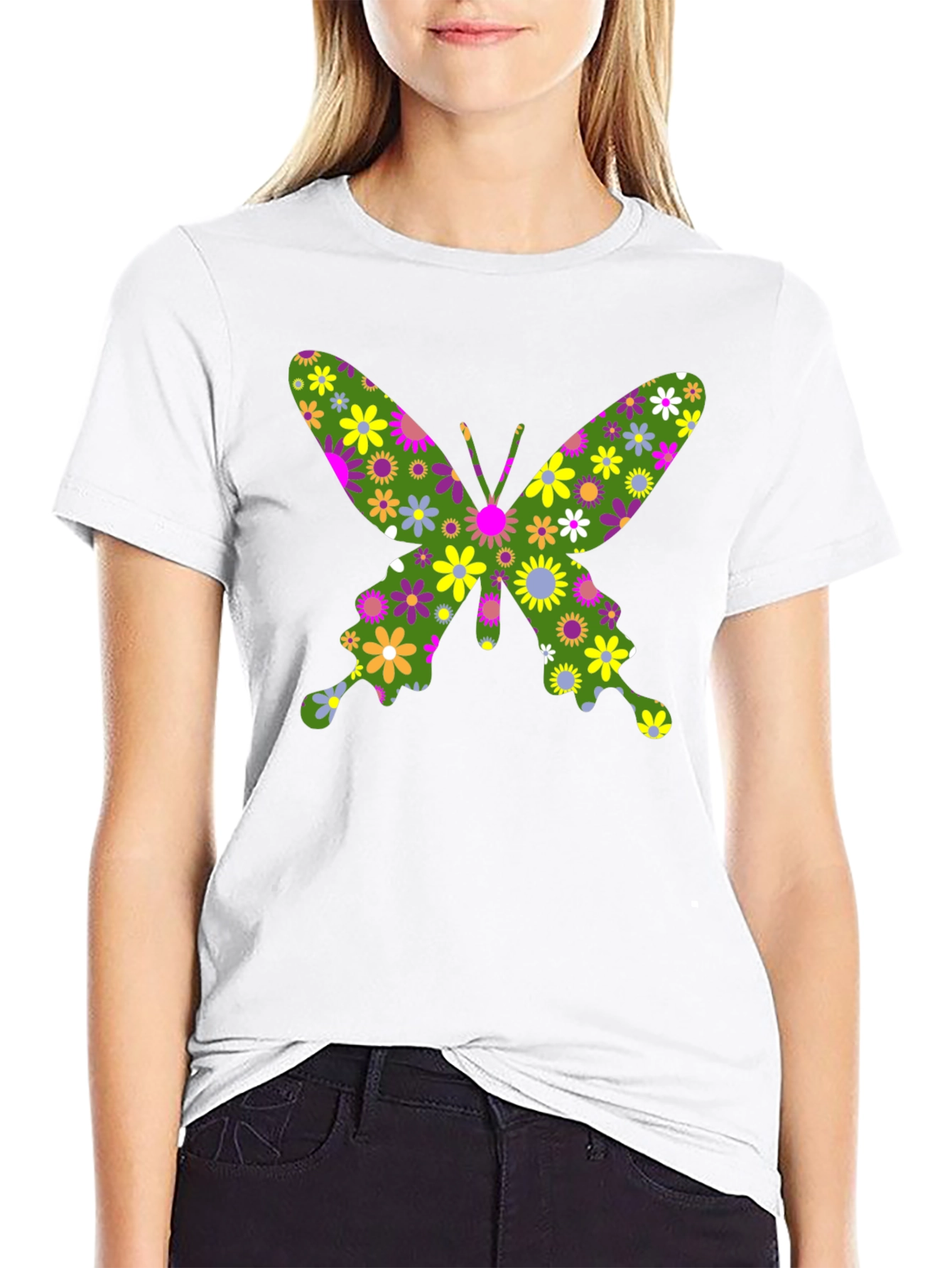 Floral Butterfly Print Black T-Shirt