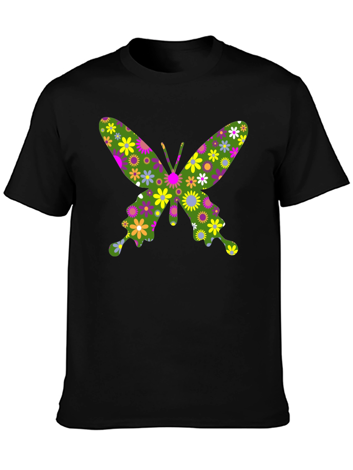 Floral Butterfly Print Black T-Shirt