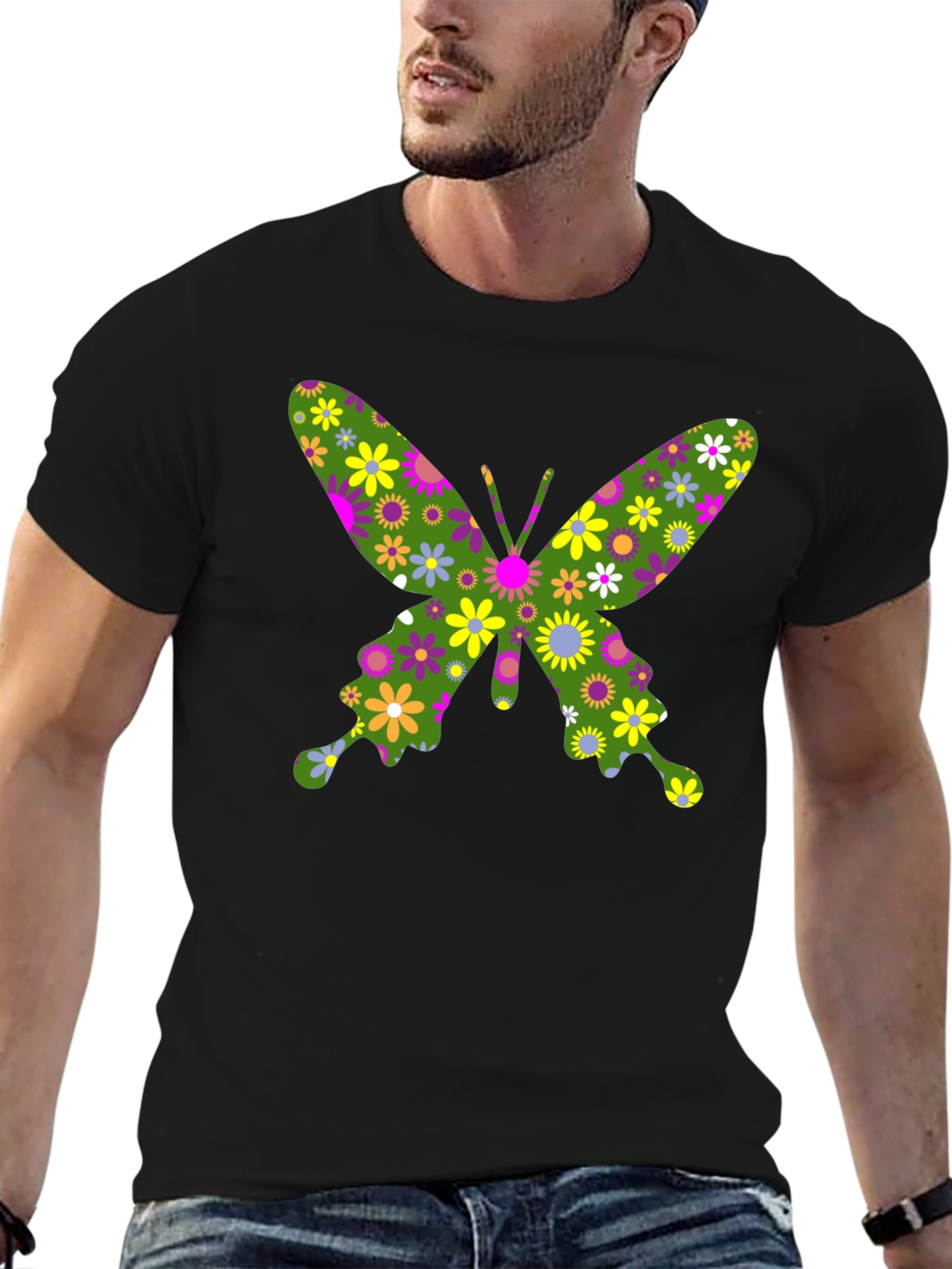 Floral Butterfly Print Black T-Shirt