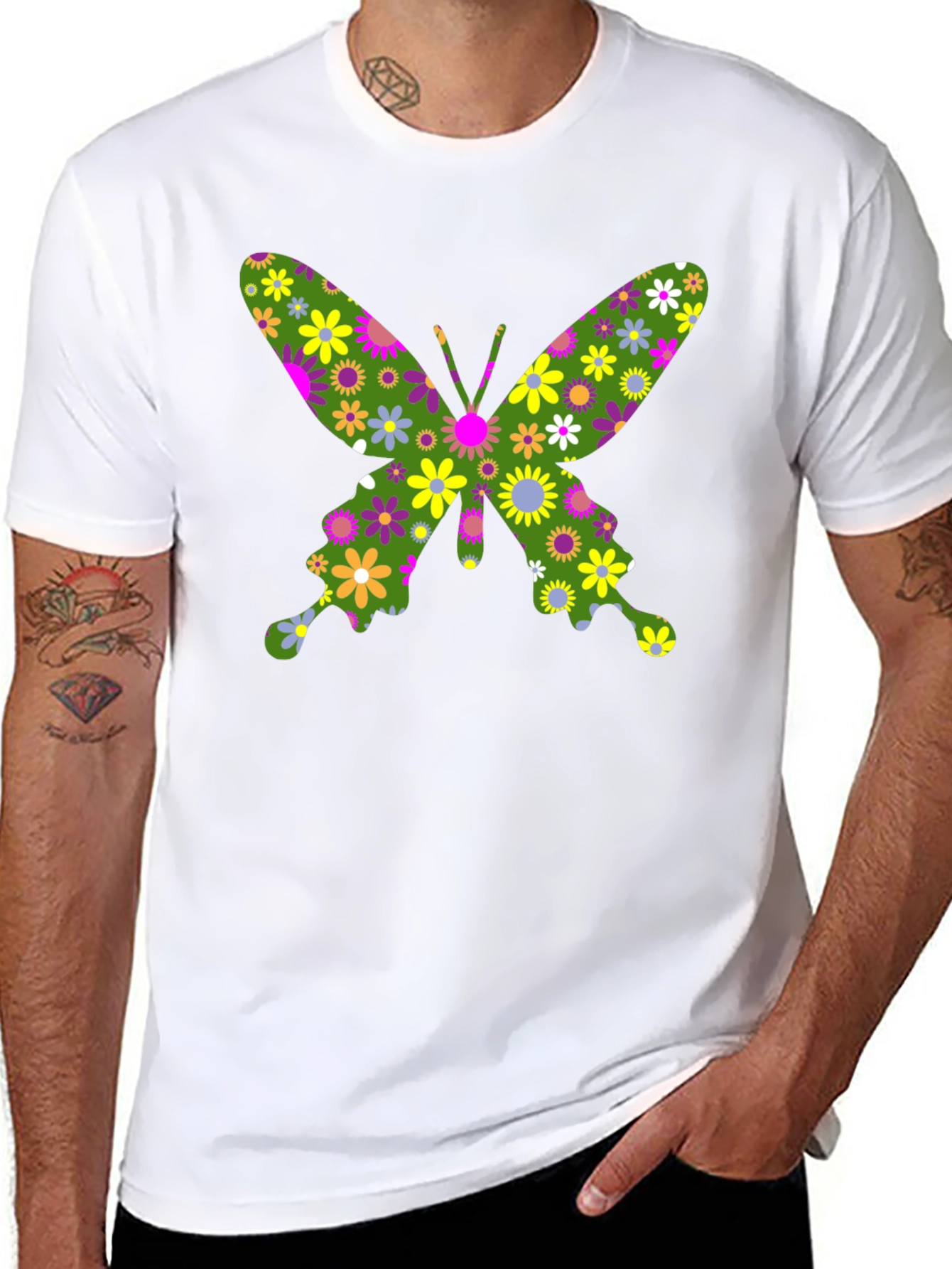 Floral Butterfly Print Black T-Shirt