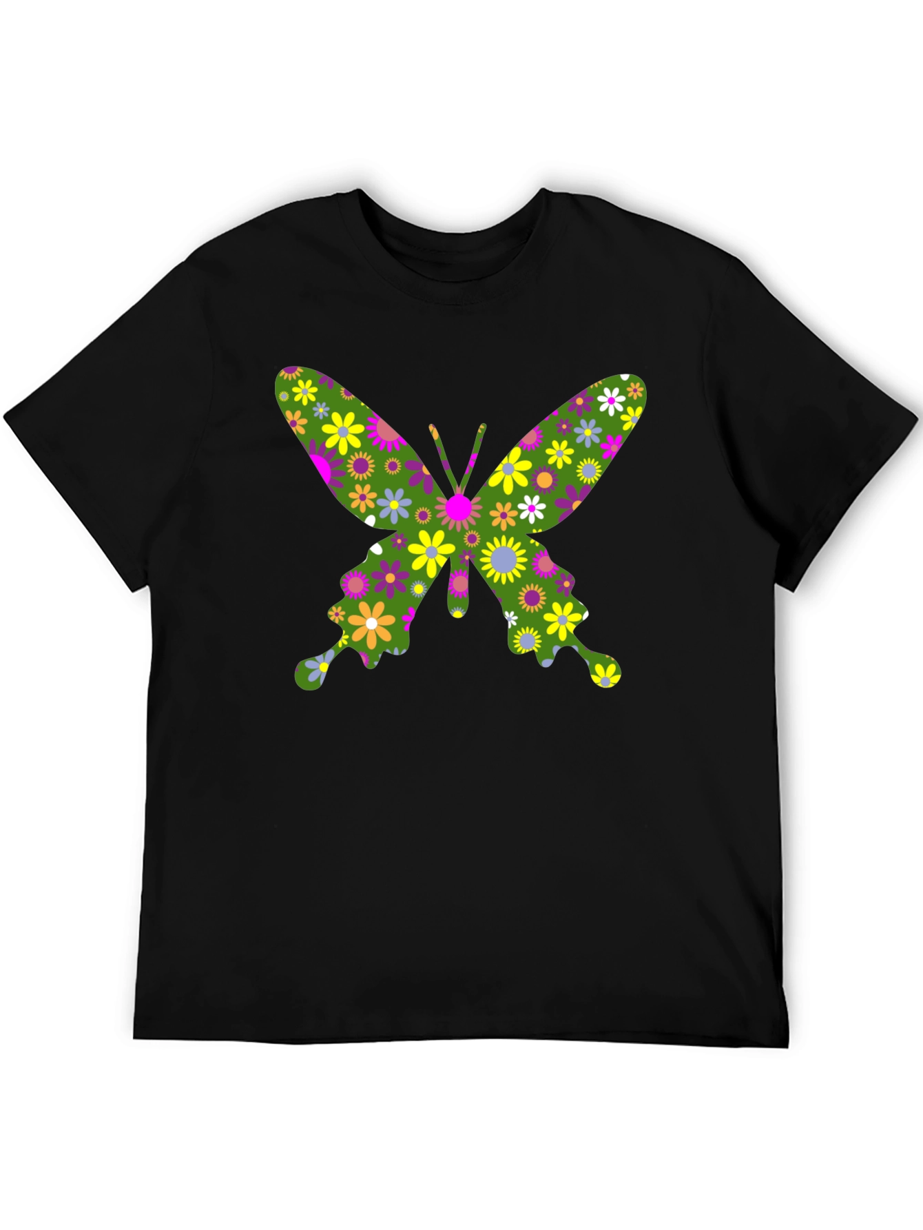 Floral Butterfly Print Black T-Shirt