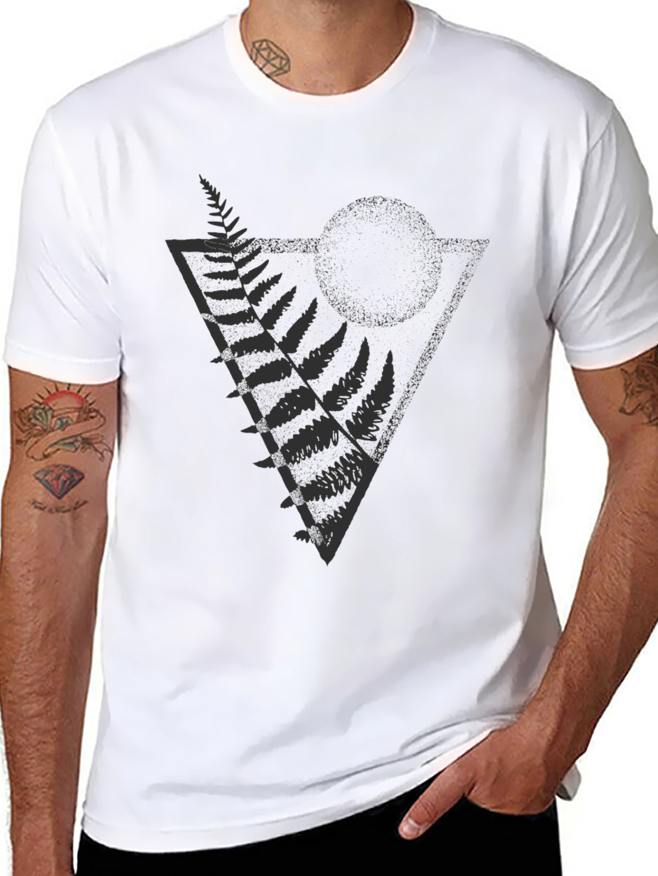 Geometric Fern Print Black T-Shirt