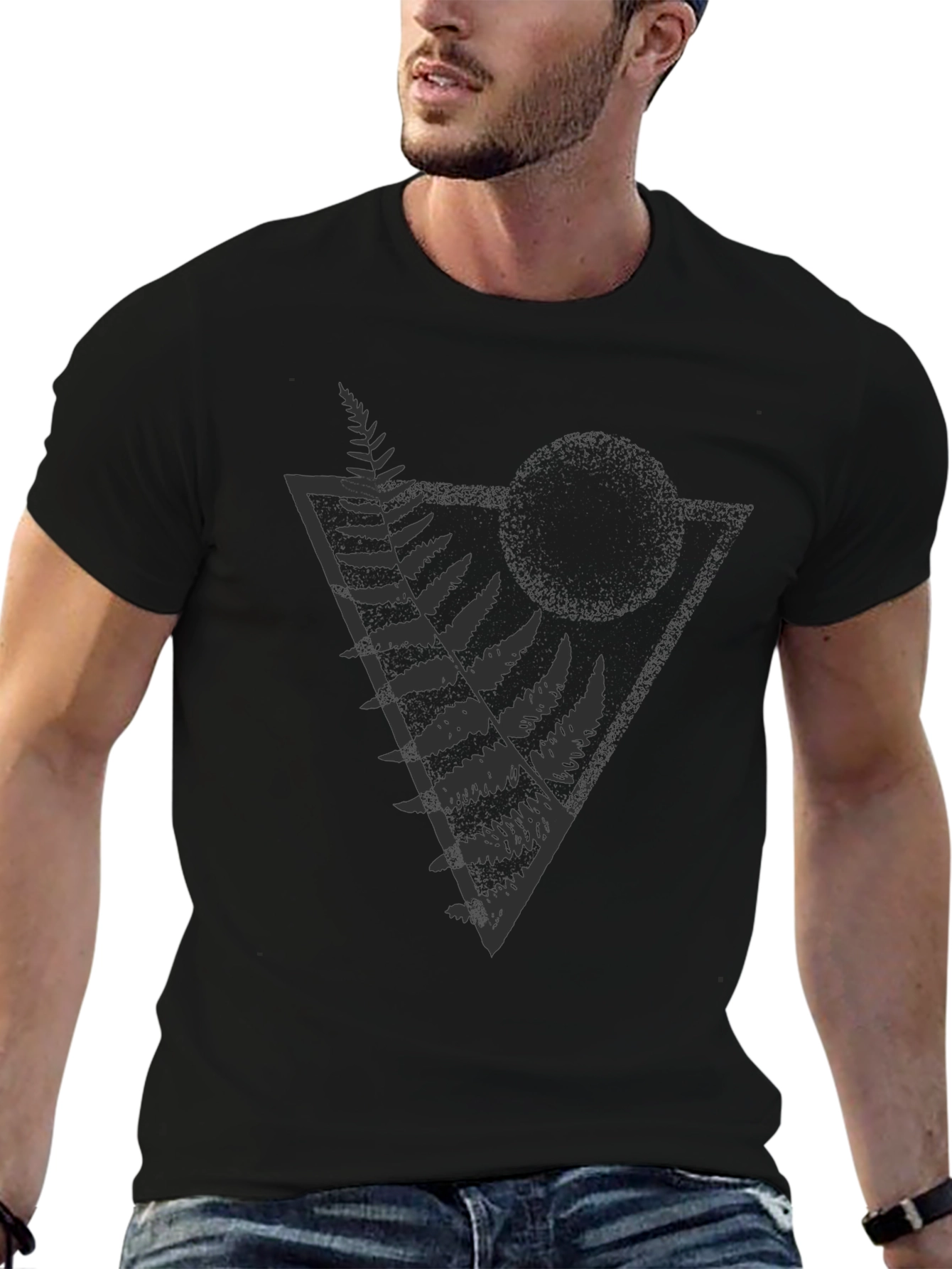 Geometric Fern Print Black T-Shirt
