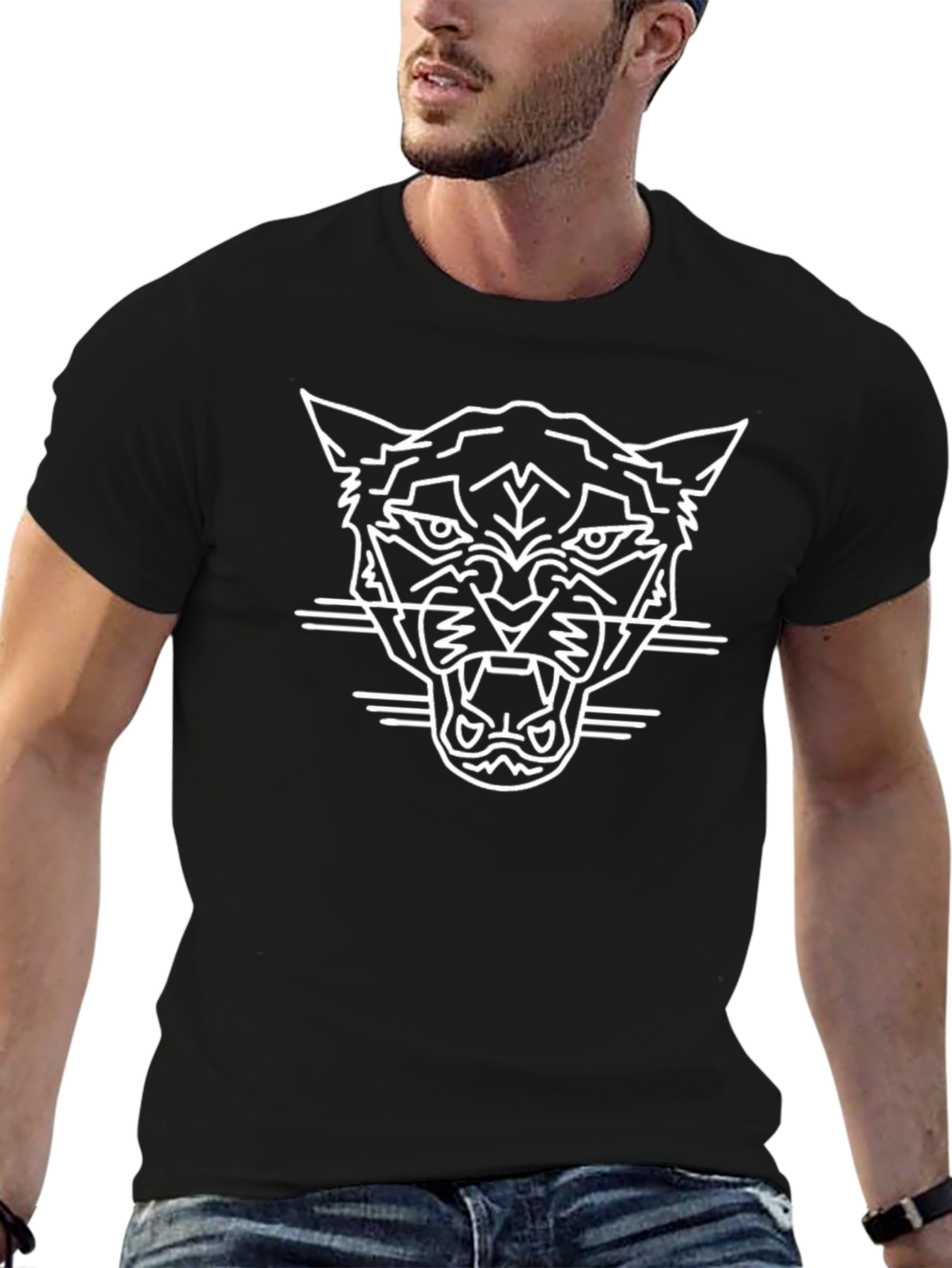Mens Black T-Shirt with Geometric Jaguar Design