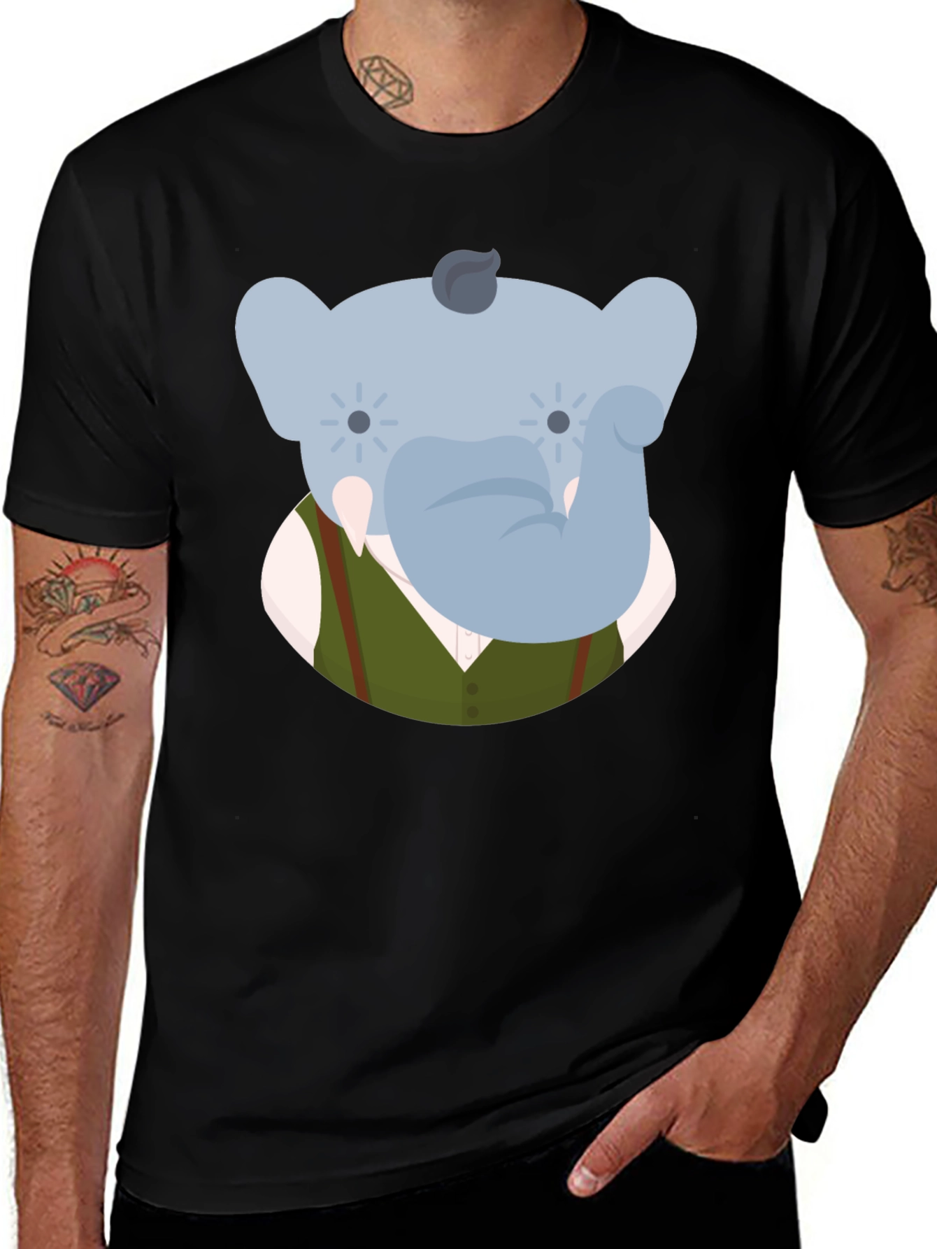 Elephant Character Graphic Print Black T-Shirt