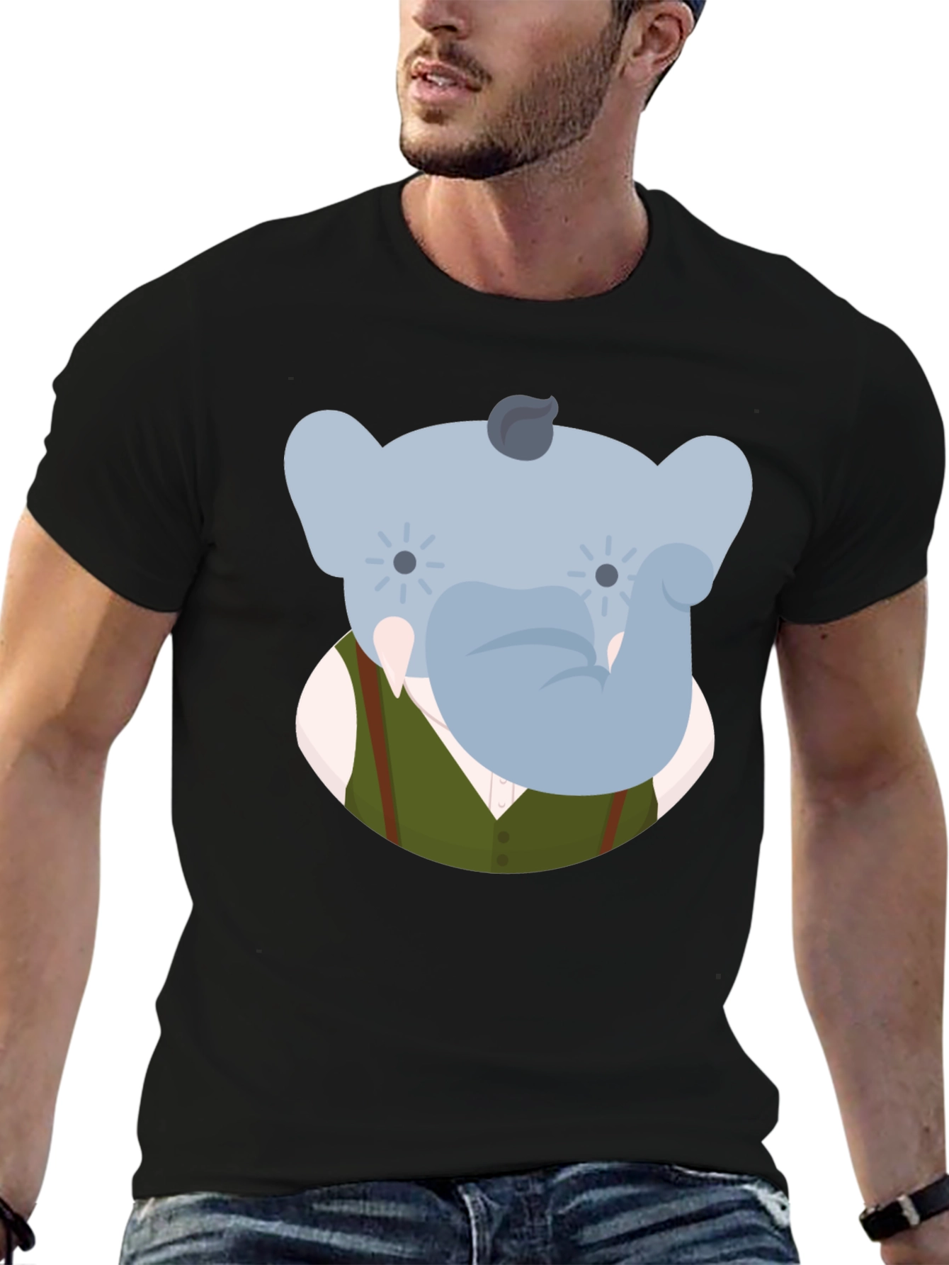 Elephant Character Graphic Print Black T-Shirt