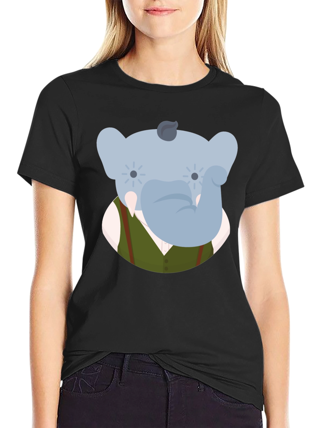 Elephant Character Graphic Print Black T-Shirt