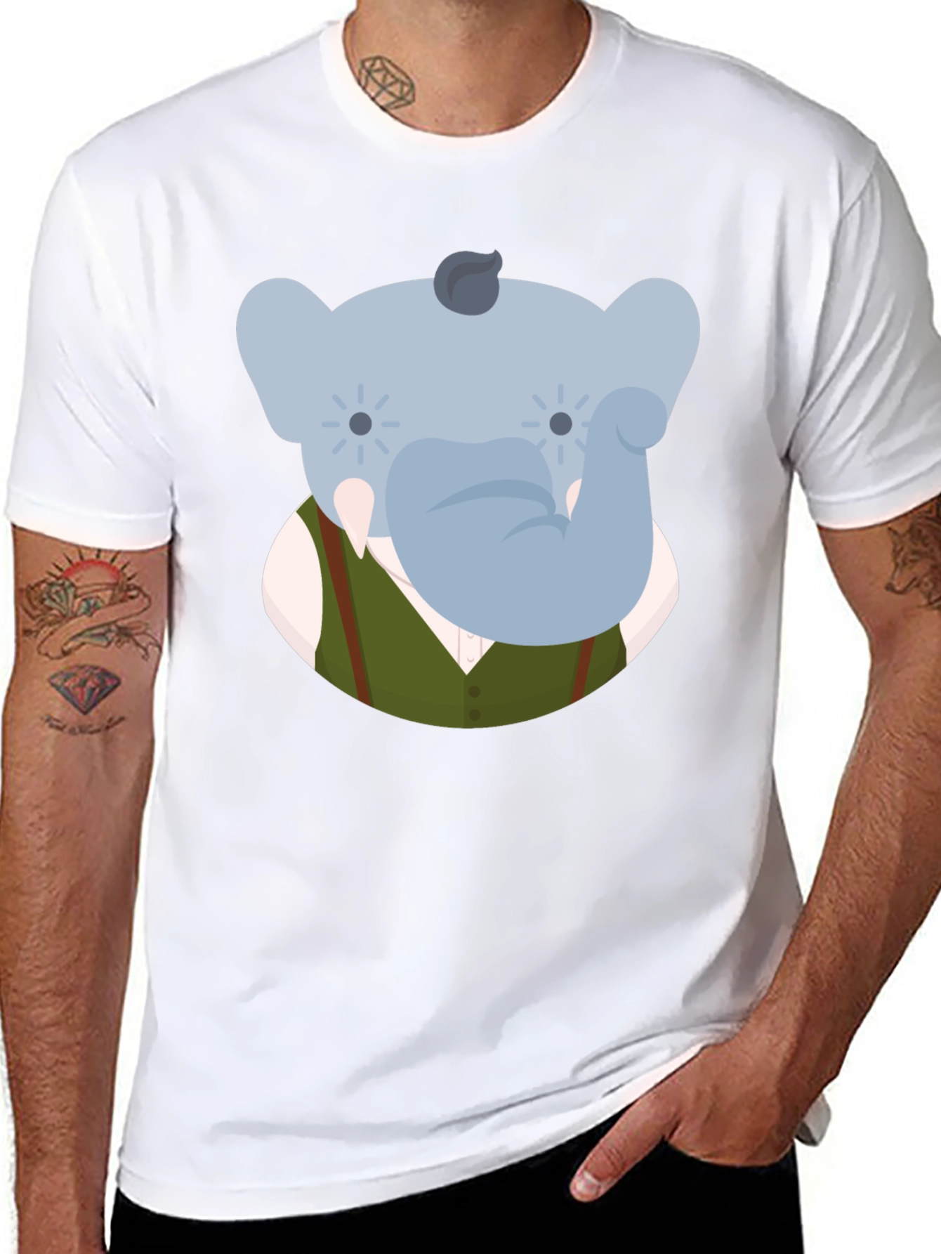 Elephant Character Graphic Print Black T-Shirt