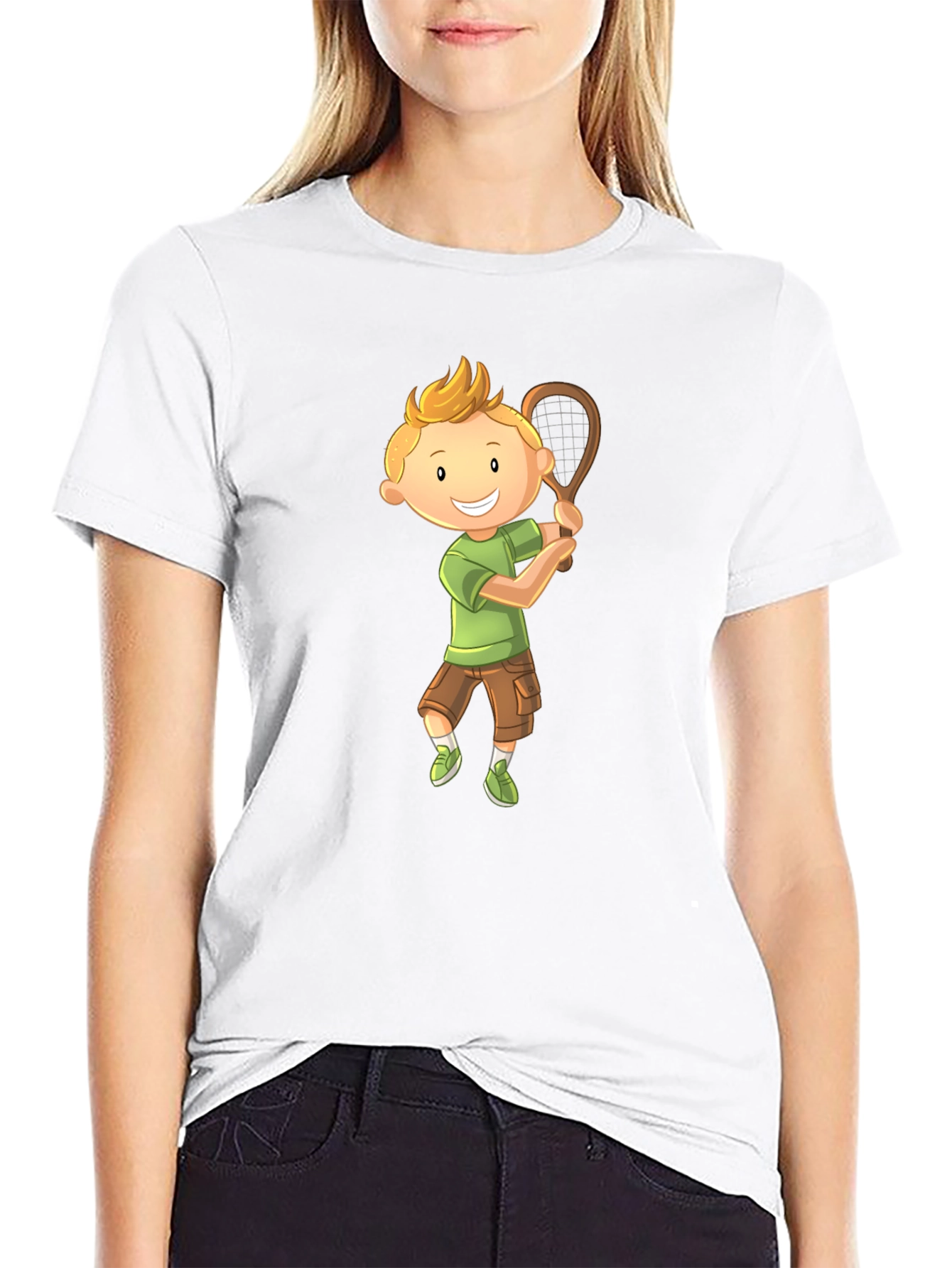 Cartoon Boy Playing Tennis Graphic T-Shirt