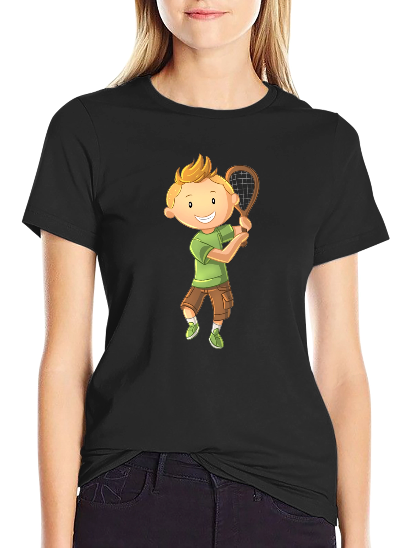 Cartoon Boy Playing Tennis Graphic T-Shirt