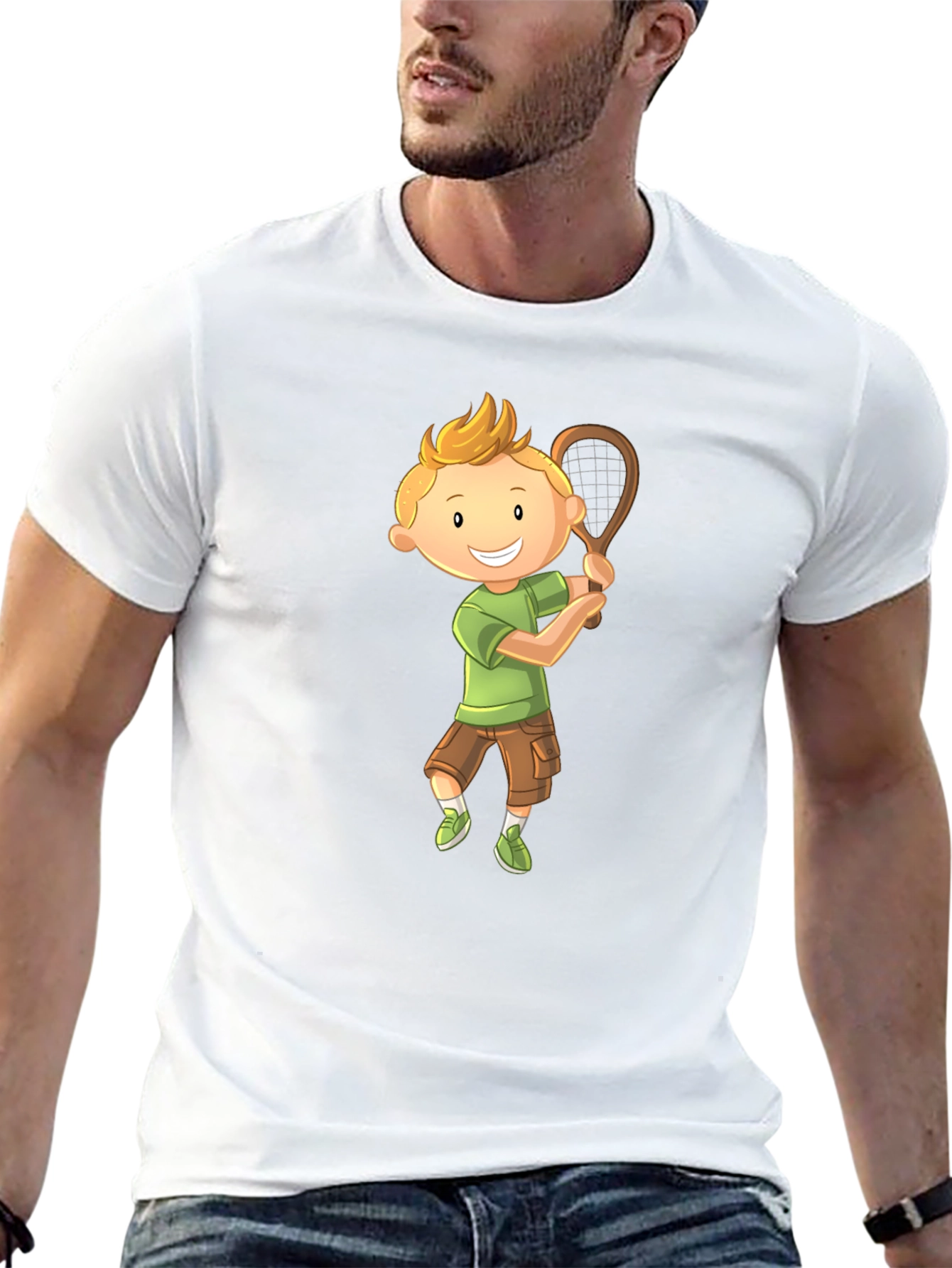 Cartoon Boy Playing Tennis Graphic T-Shirt