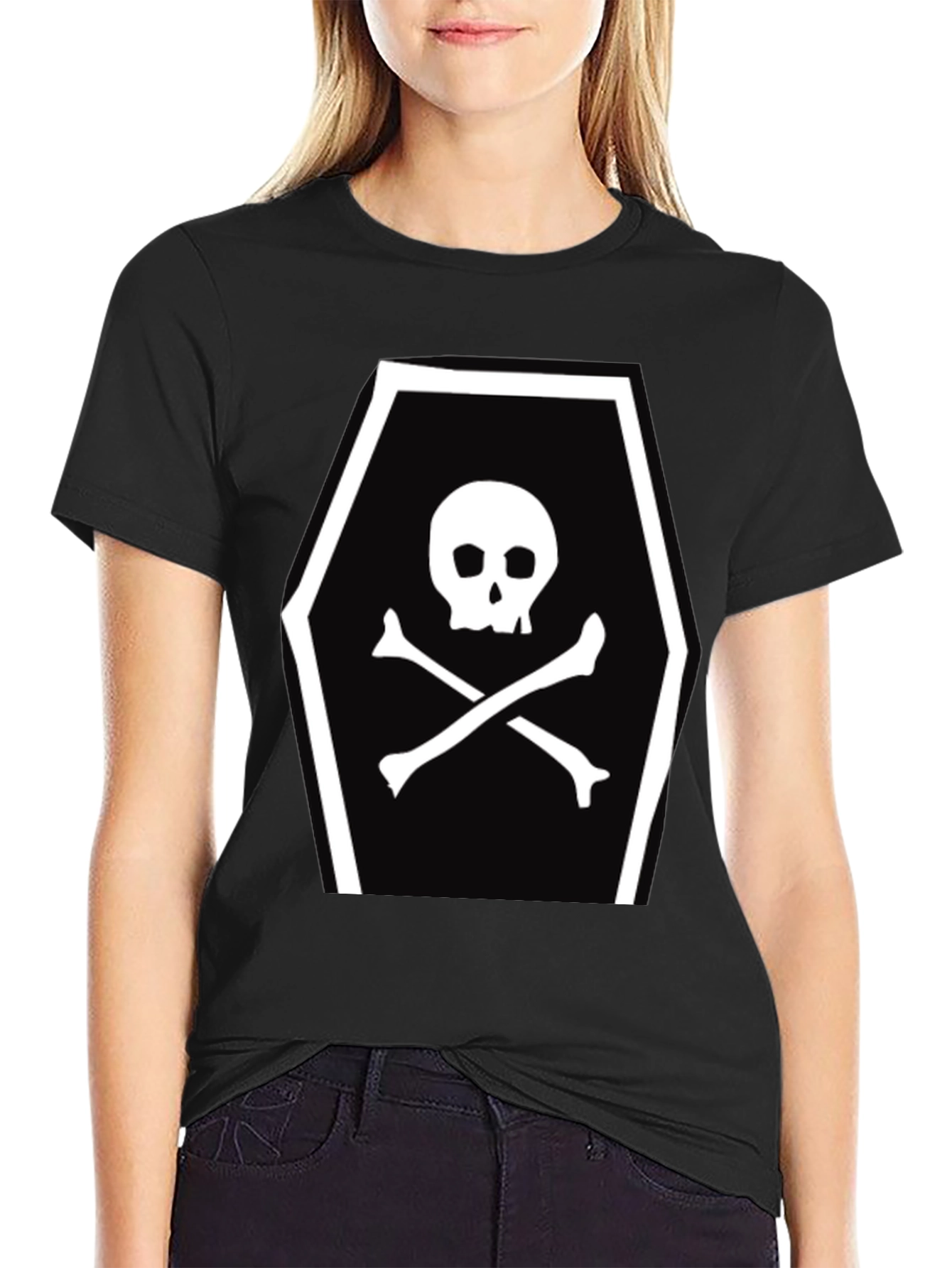 Skull and Crossbones Coffin Graphic Tee - Black