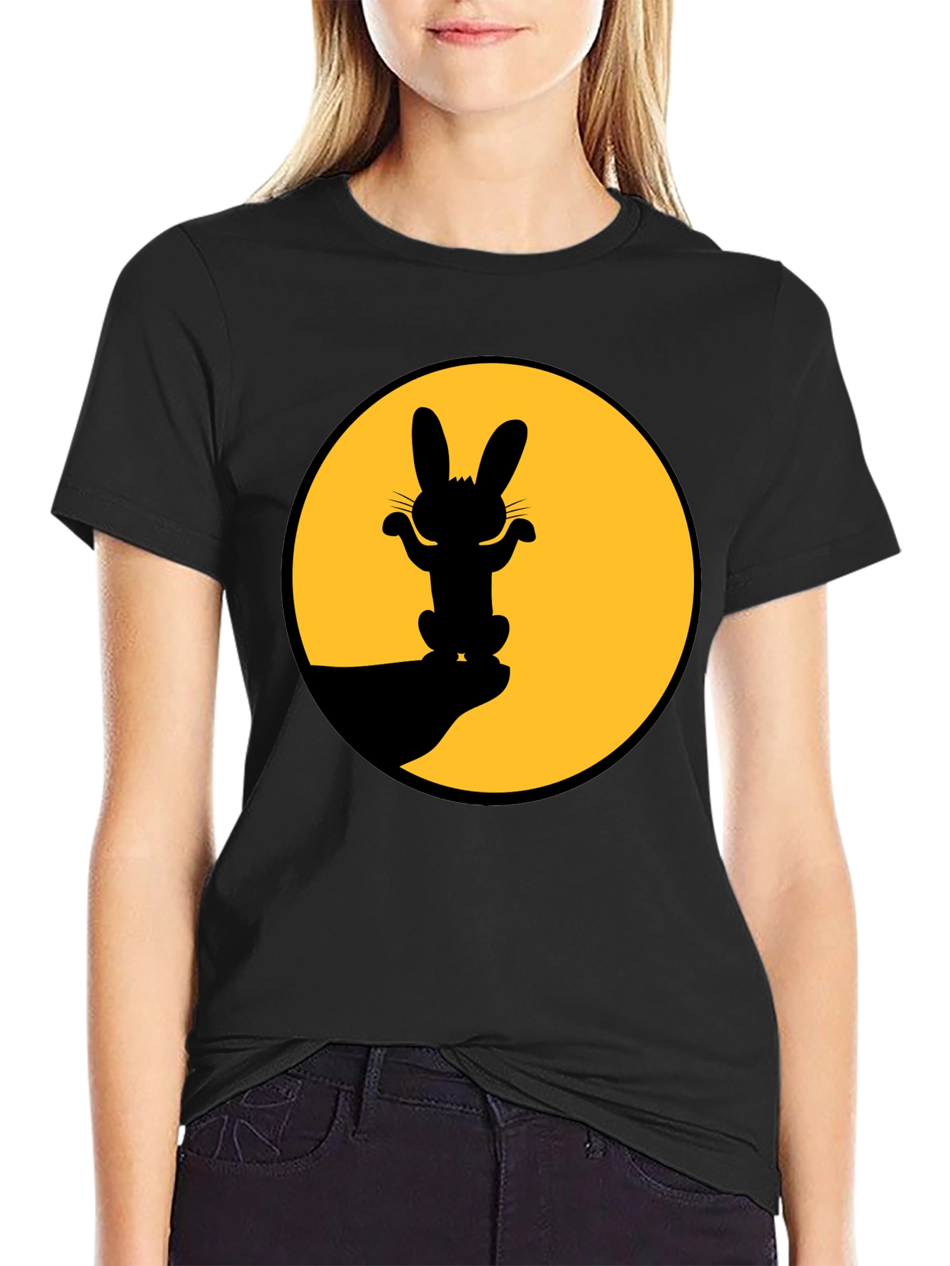Rabbit Silhouette Graphic Tee - Black Cotton Blend Shirt