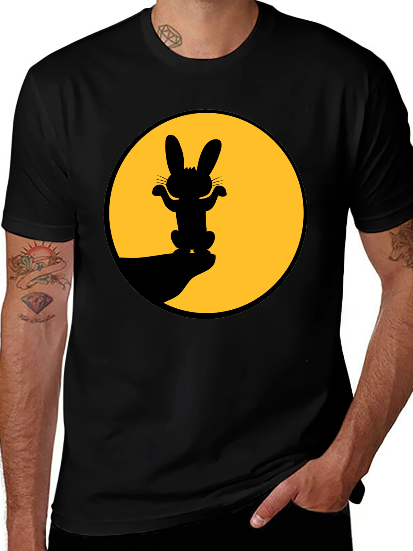Rabbit Silhouette Graphic Tee - Black Cotton Blend Shirt