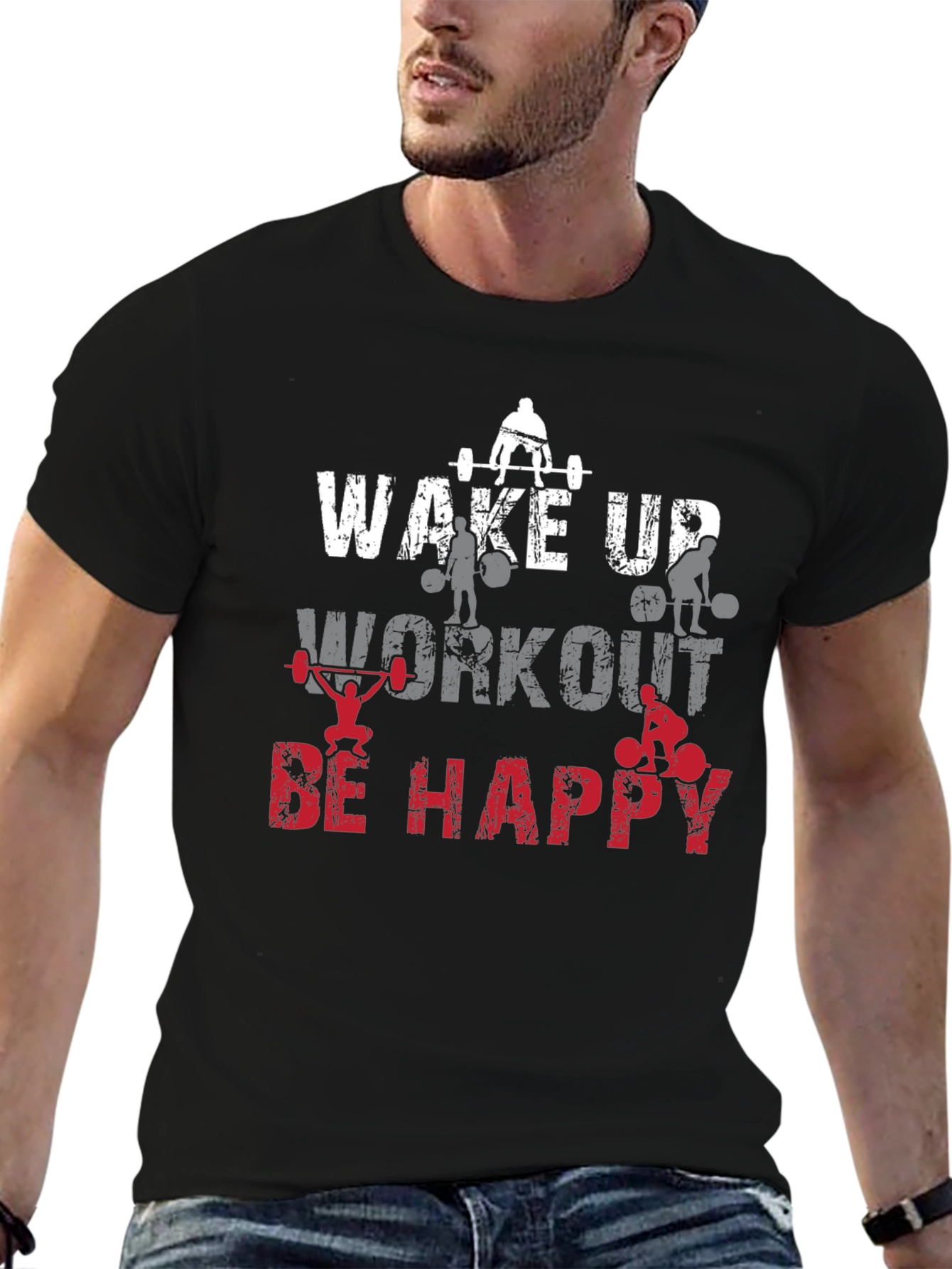 Wake Up Workout Happy Black Graphic Tee