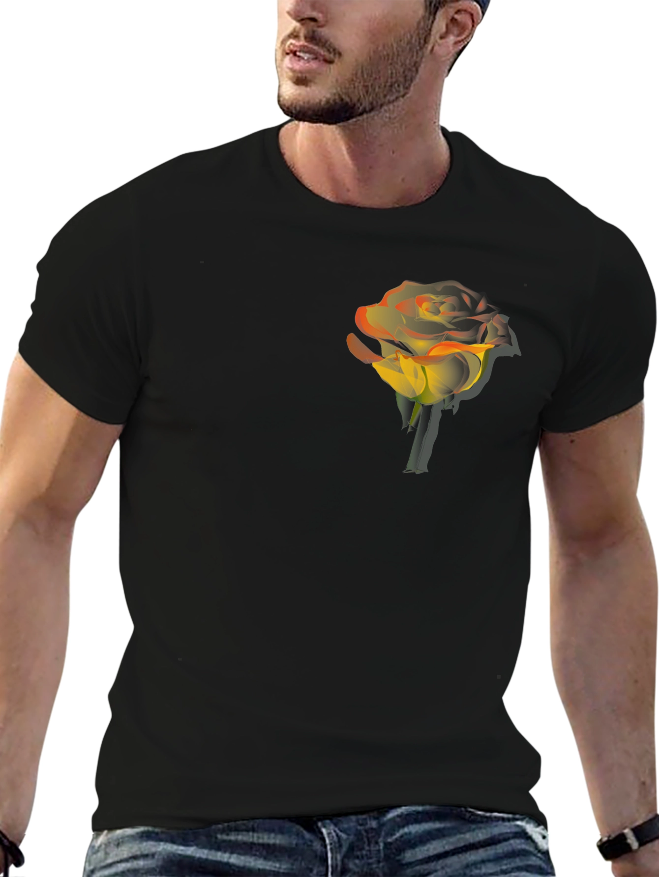 Mens Black T-Shirt with Gradient Rose Graphic