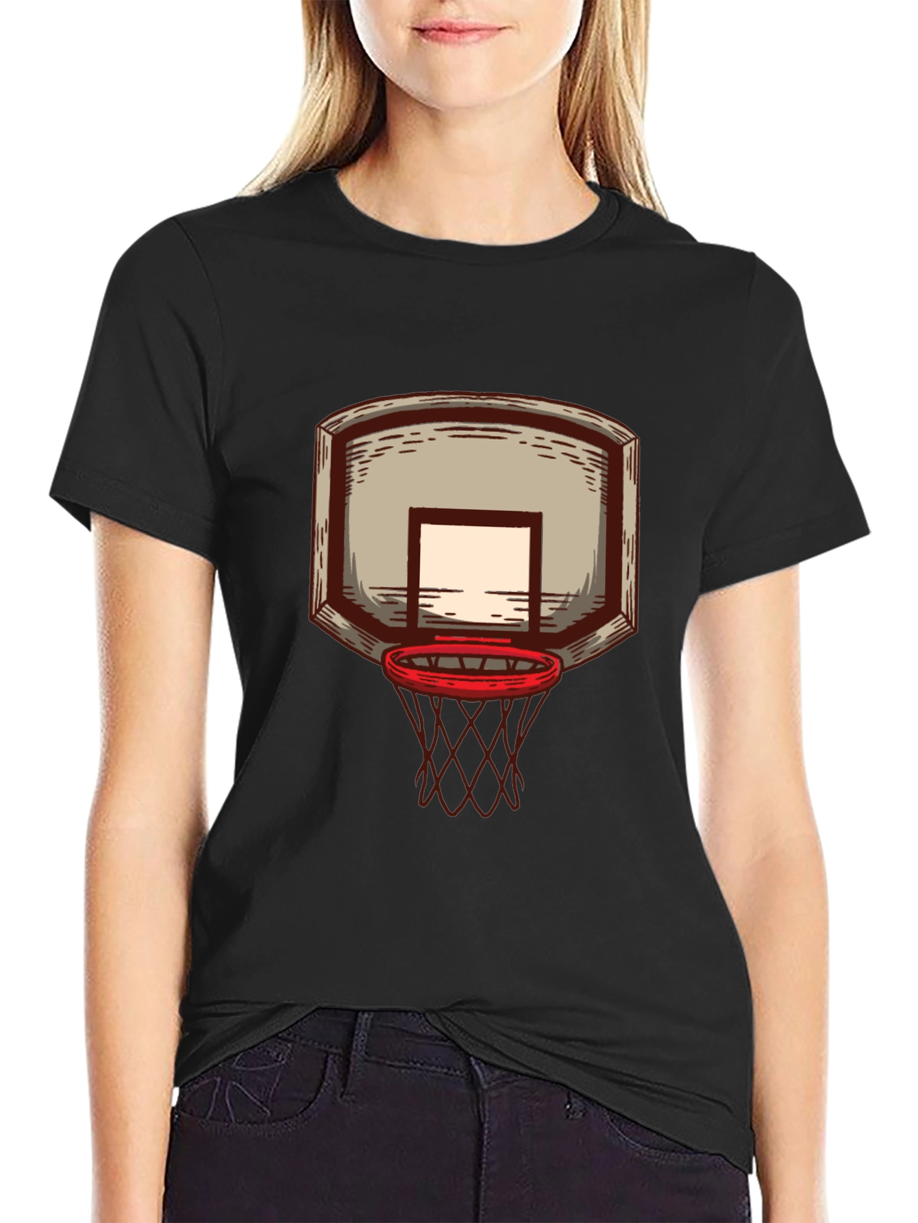 Basketball Hoop Graphic Tee - Black Cotton T-Shirt