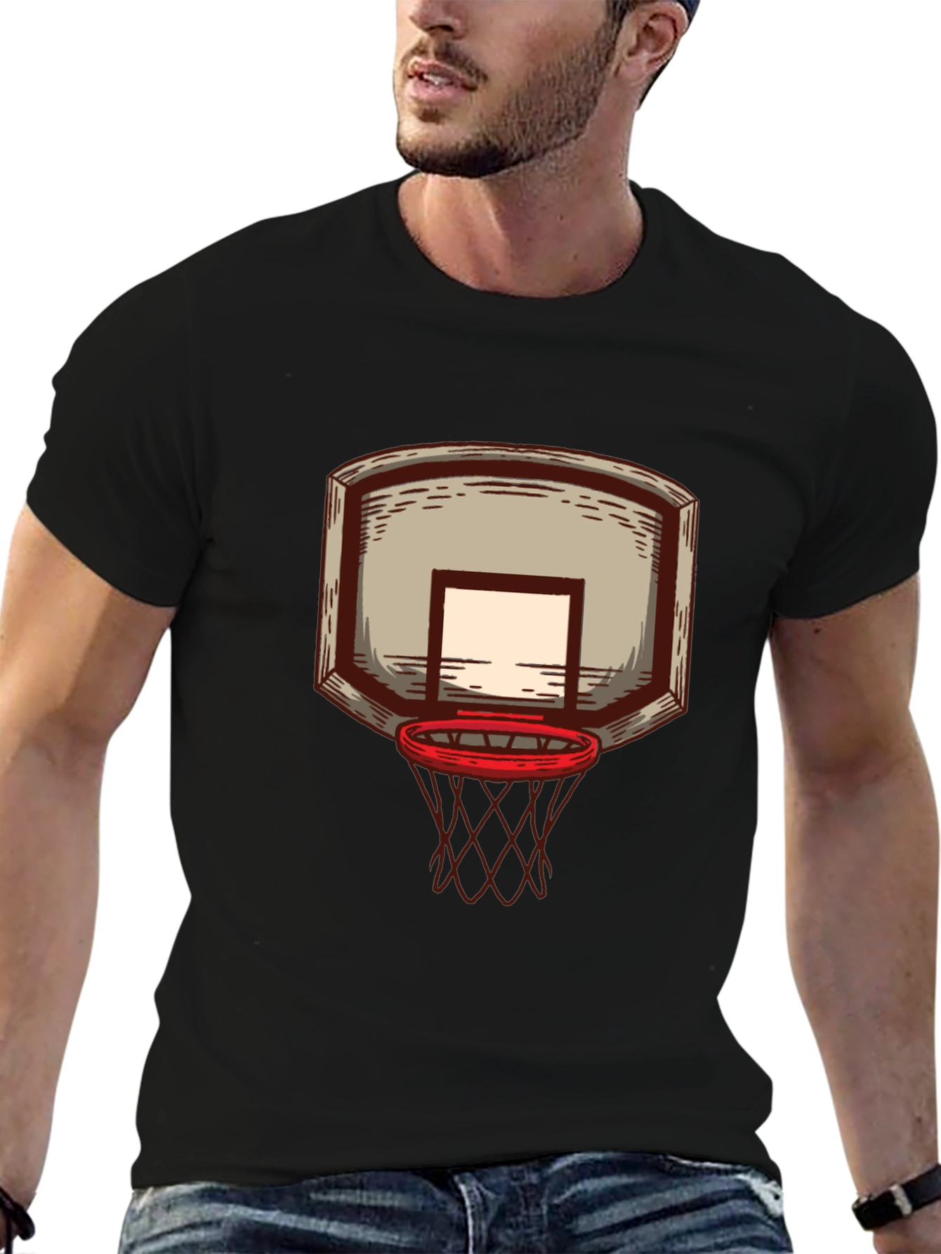 Basketball Hoop Graphic Tee - Black Cotton T-Shirt