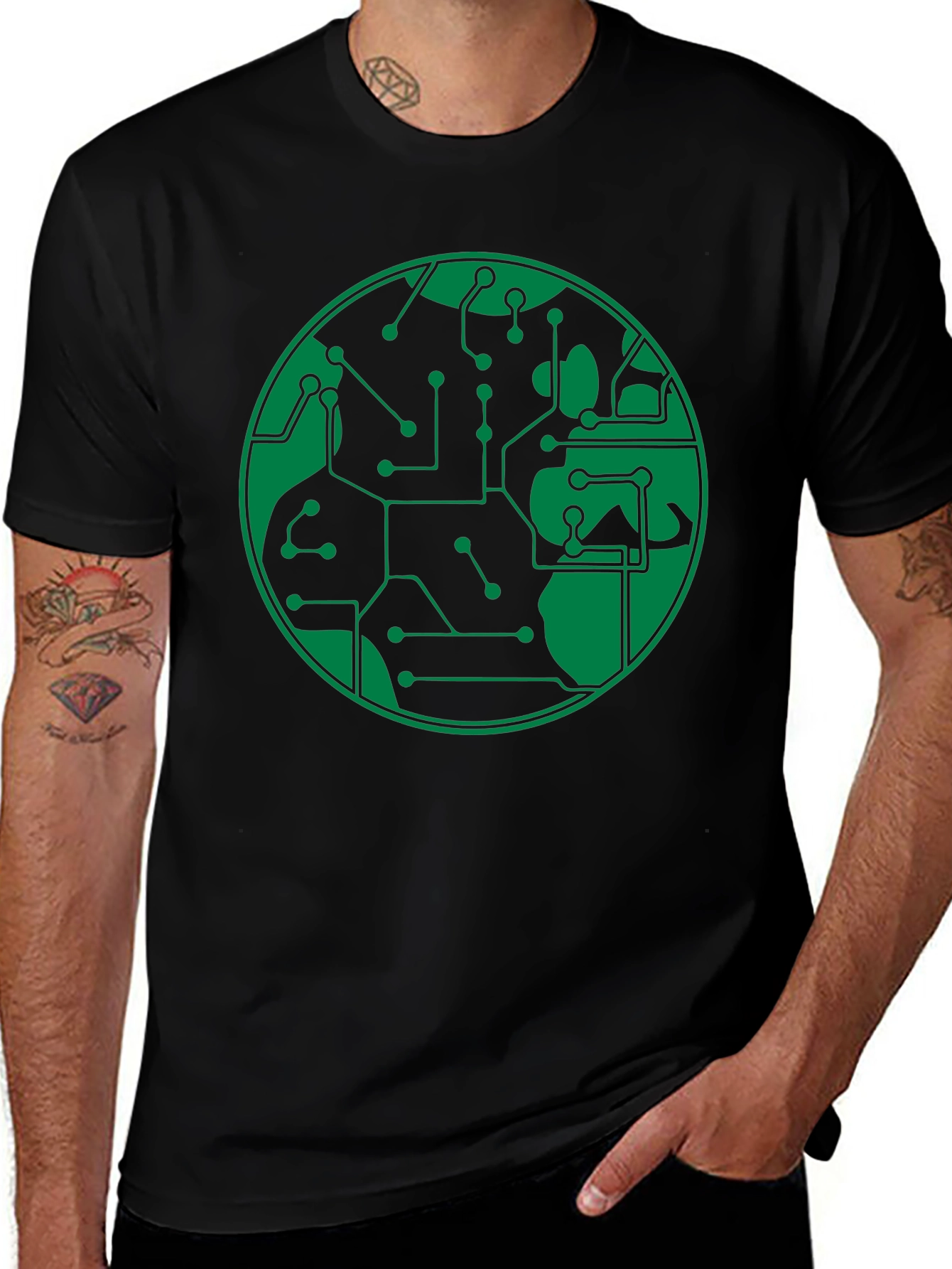 Circuit Board Earth Graphic T-Shirt - Black