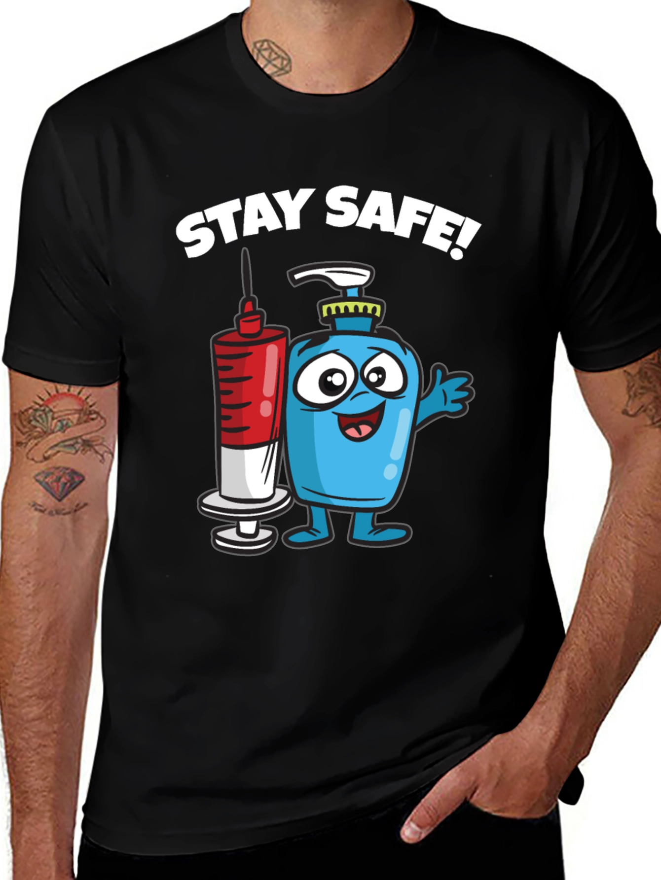 Stay Safe T-Shirt - Cartoon Hand Sanitizer and Vaccine