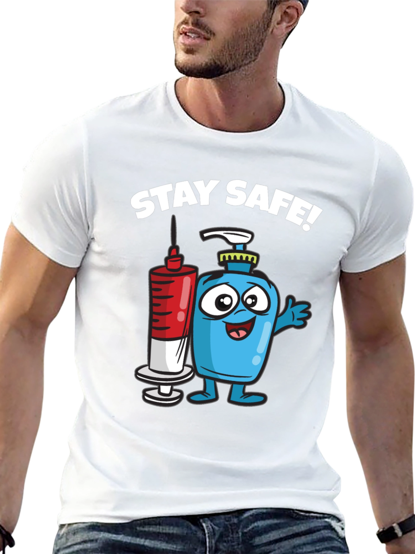 Stay Safe T-Shirt - Cartoon Hand Sanitizer and Vaccine
