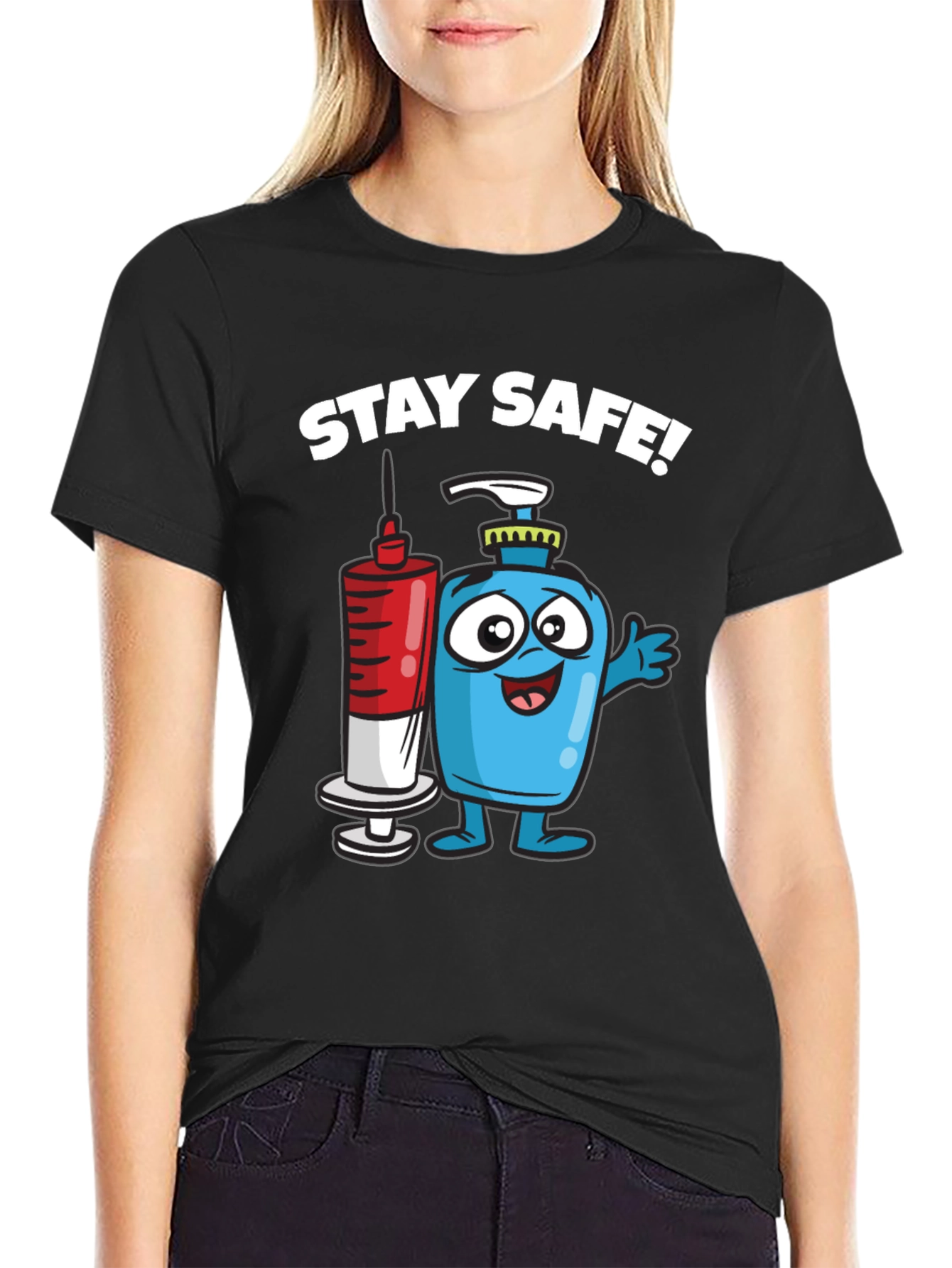 Stay Safe T-Shirt - Cartoon Hand Sanitizer and Vaccine