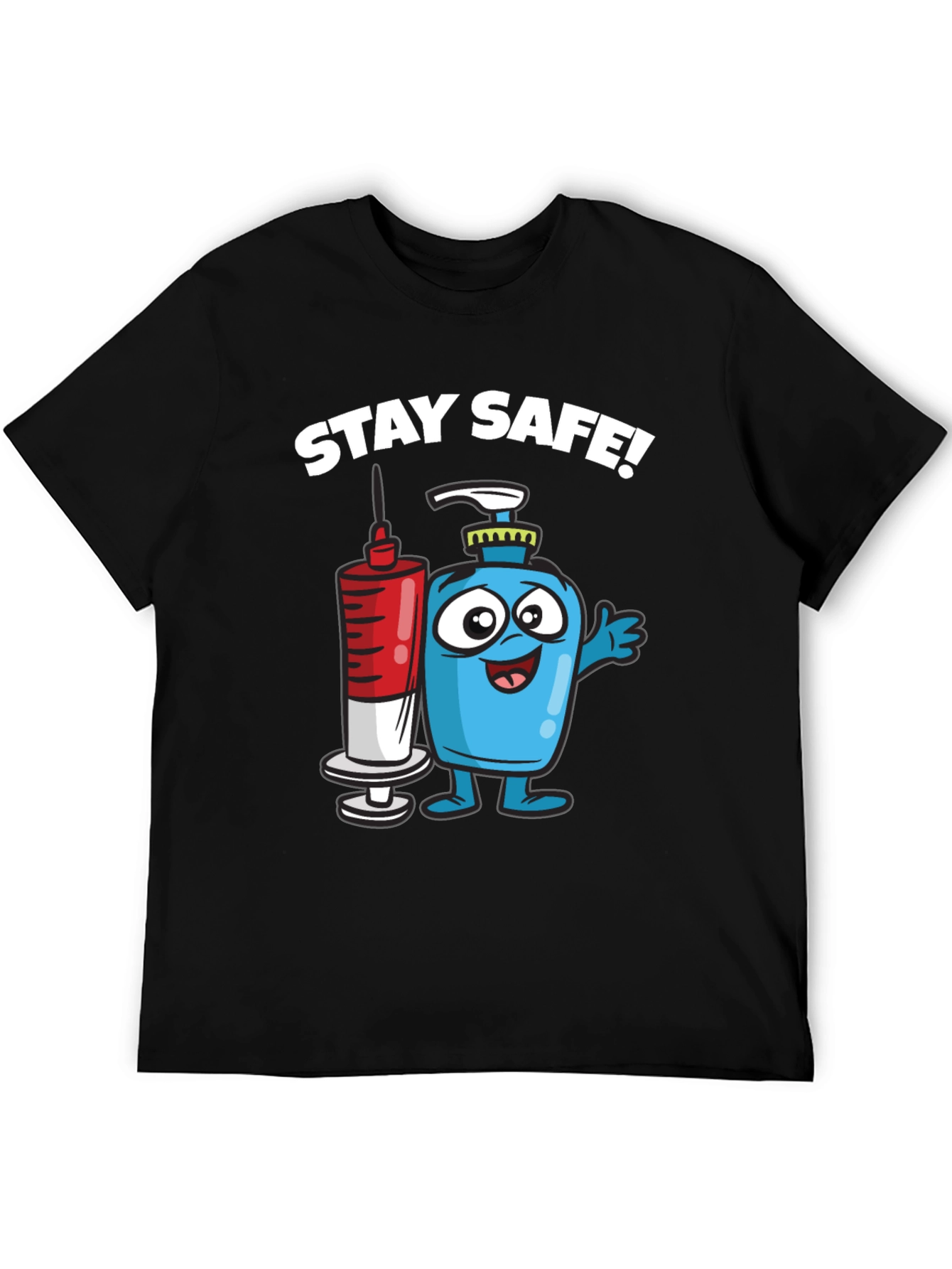 Stay Safe T-Shirt - Cartoon Hand Sanitizer and Vaccine