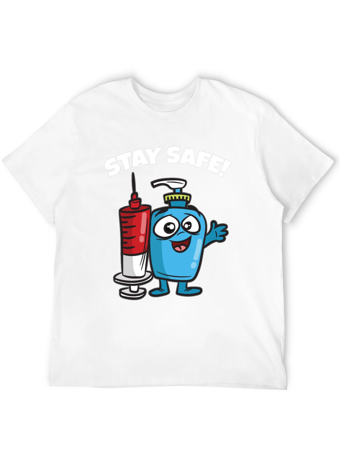 Stay Safe T-Shirt - Cartoon Hand Sanitizer and Vaccine