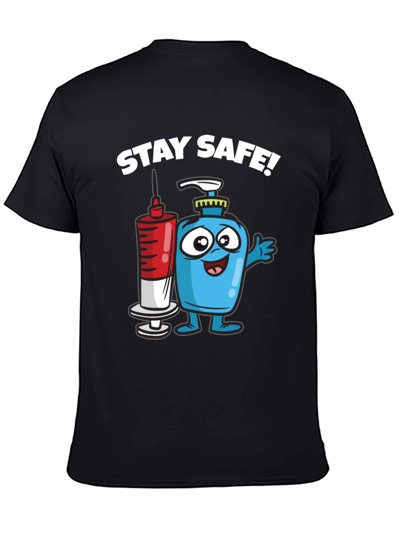 Stay Safe T-Shirt - Cartoon Hand Sanitizer and Vaccine