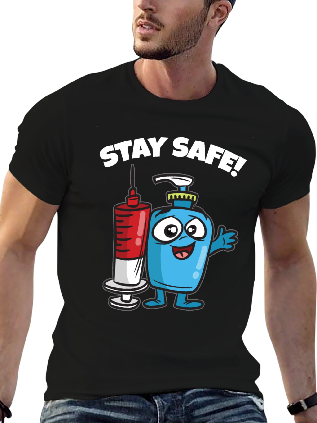 Stay Safe T-Shirt - Cartoon Hand Sanitizer and Vaccine