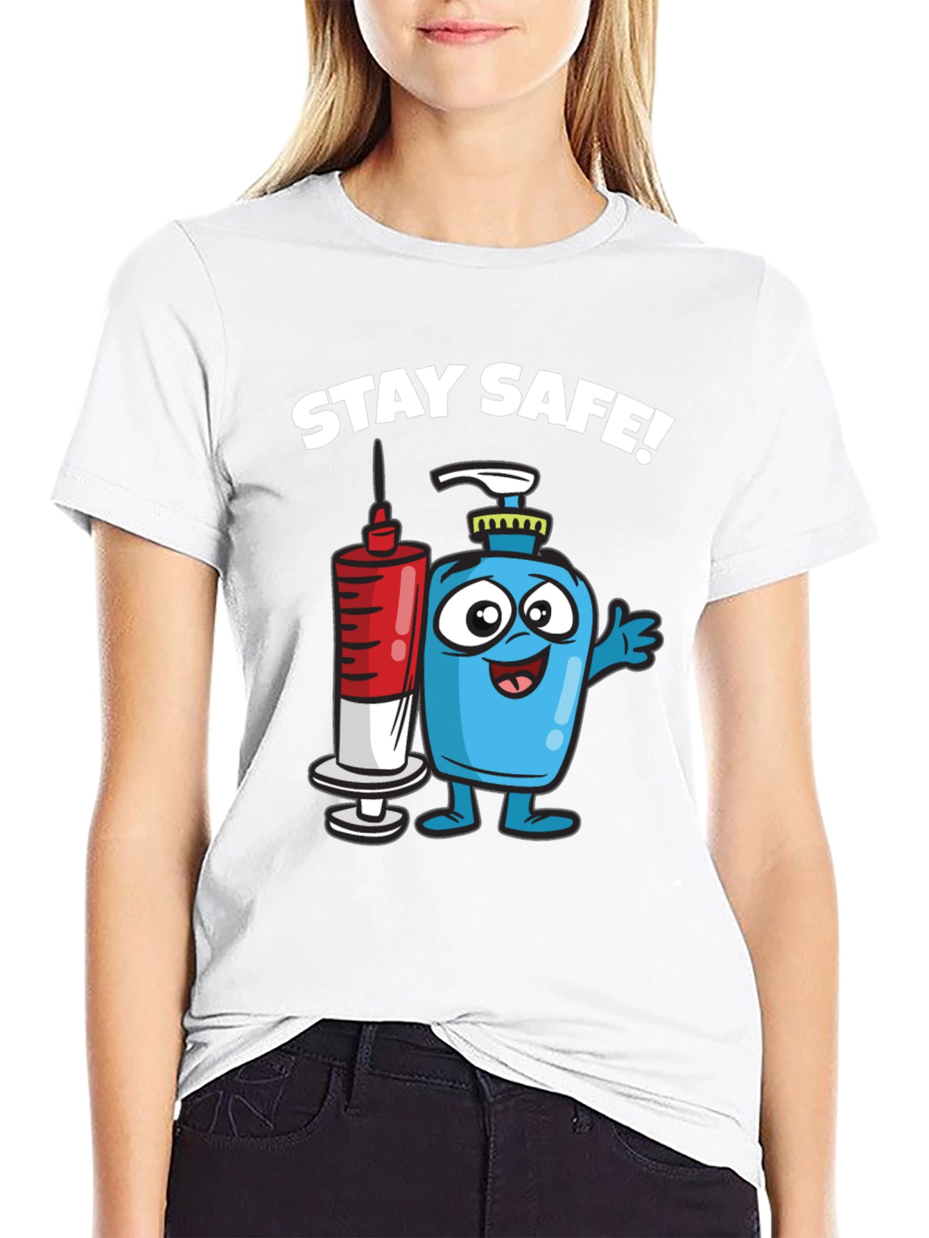 Stay Safe T-Shirt - Cartoon Hand Sanitizer and Vaccine