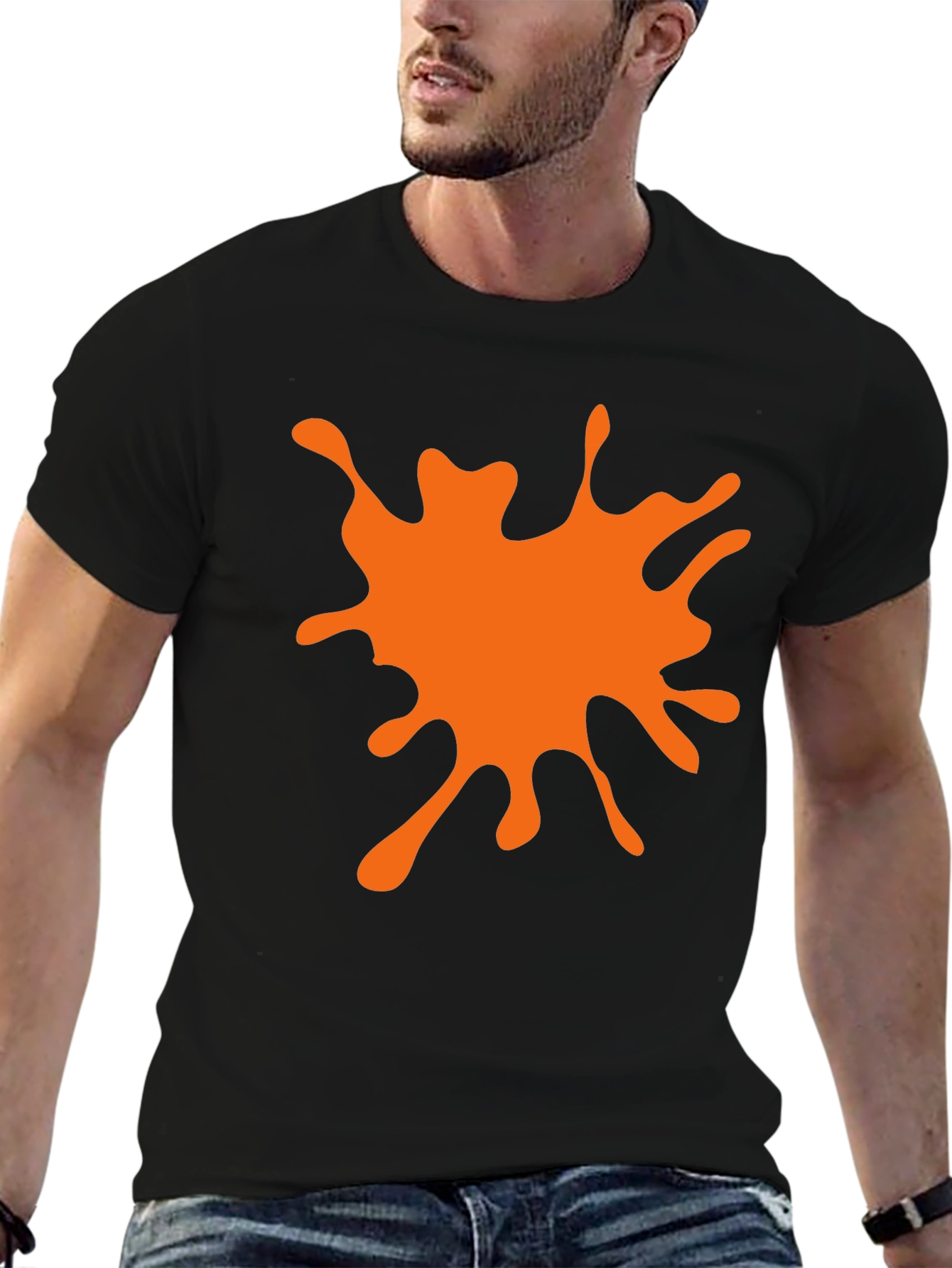 Black T-Shirt with Orange Paint Splatter Graphic
