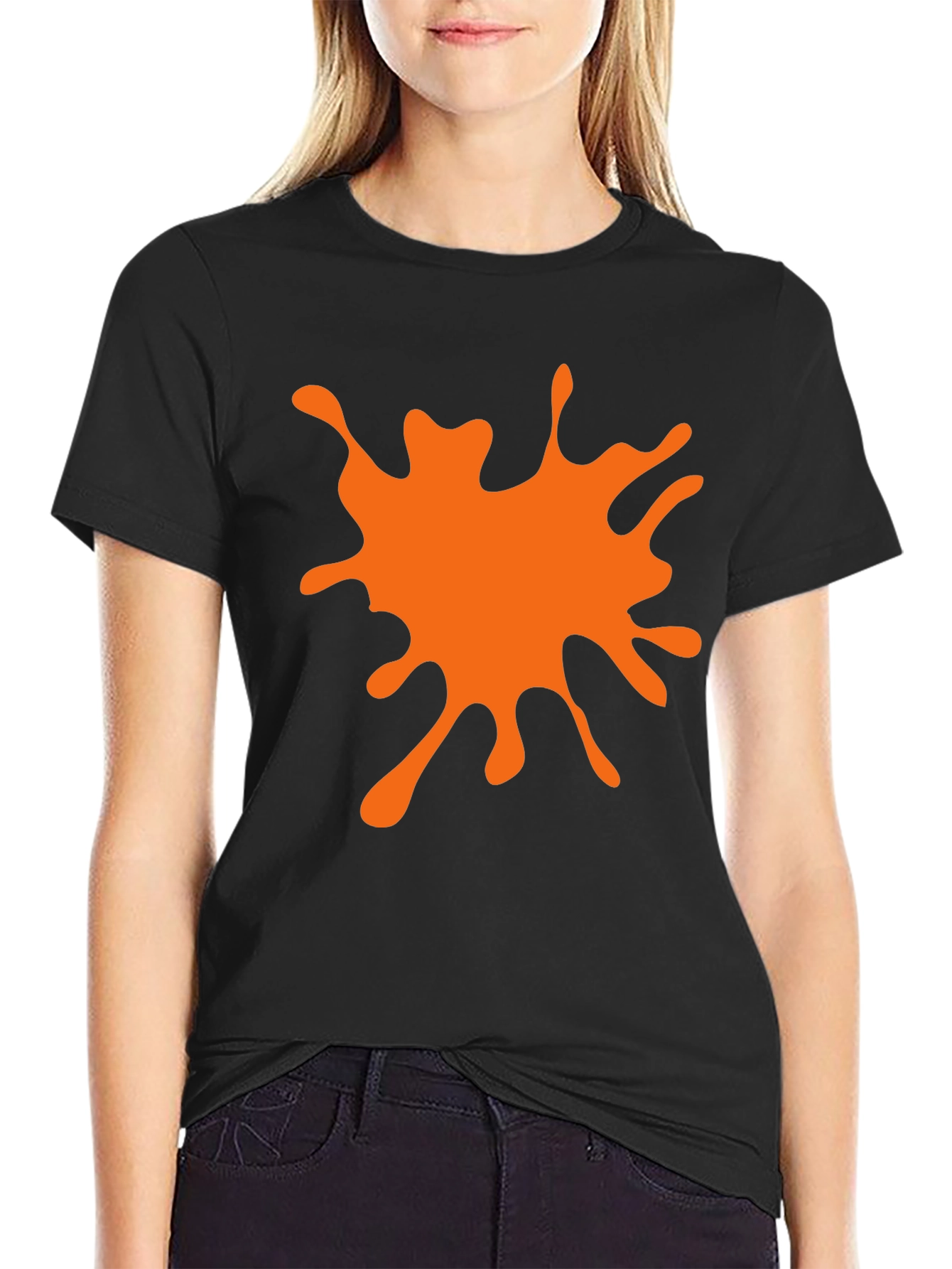 Black T-Shirt with Orange Paint Splatter Graphic