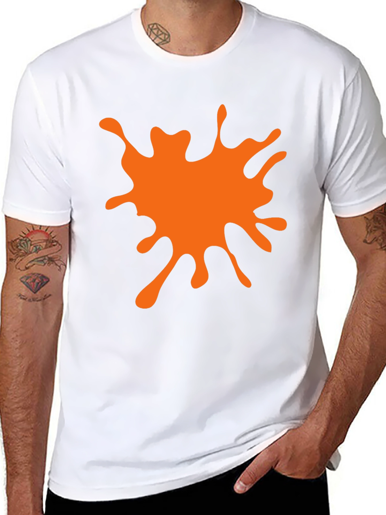 Black T-Shirt with Orange Paint Splatter Graphic