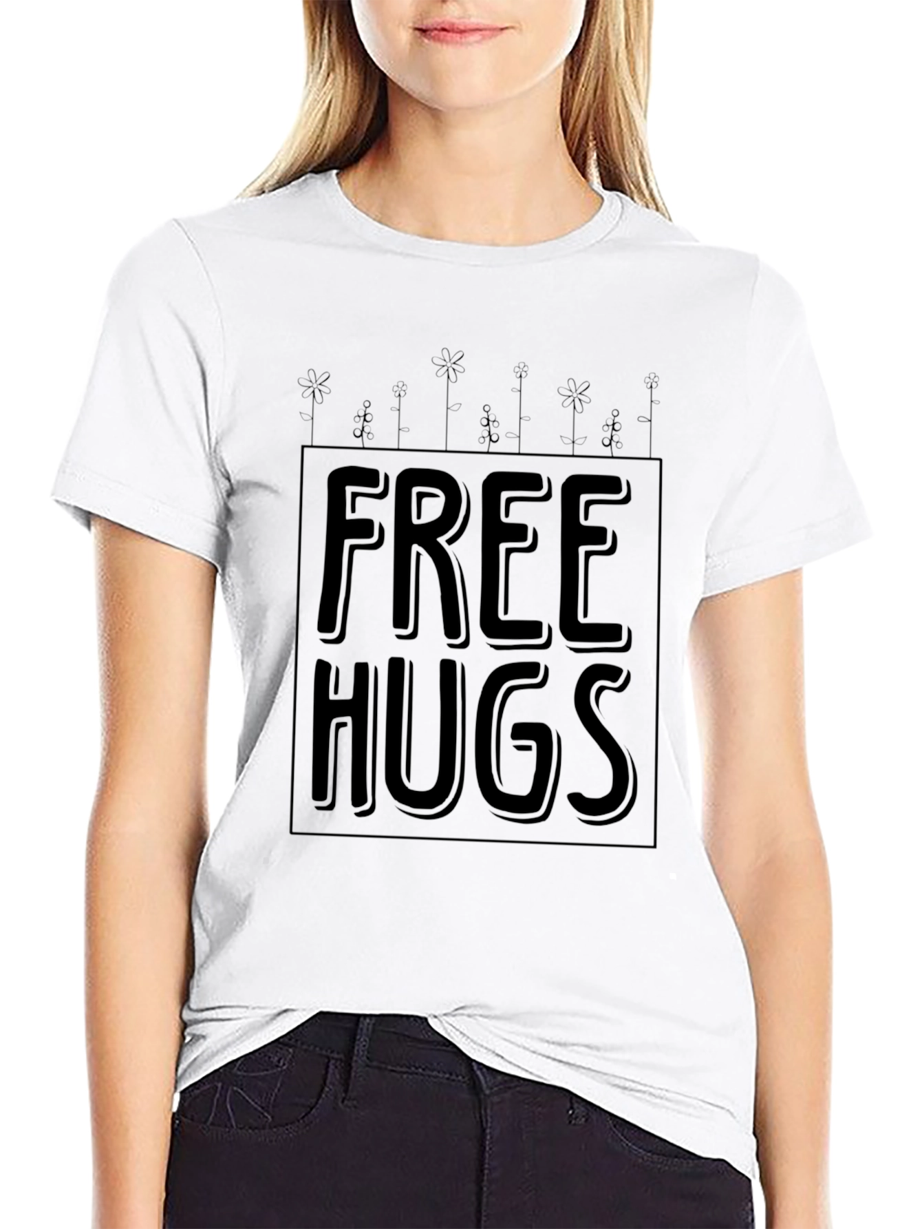 Free Hugs Graphic Print Black Tee