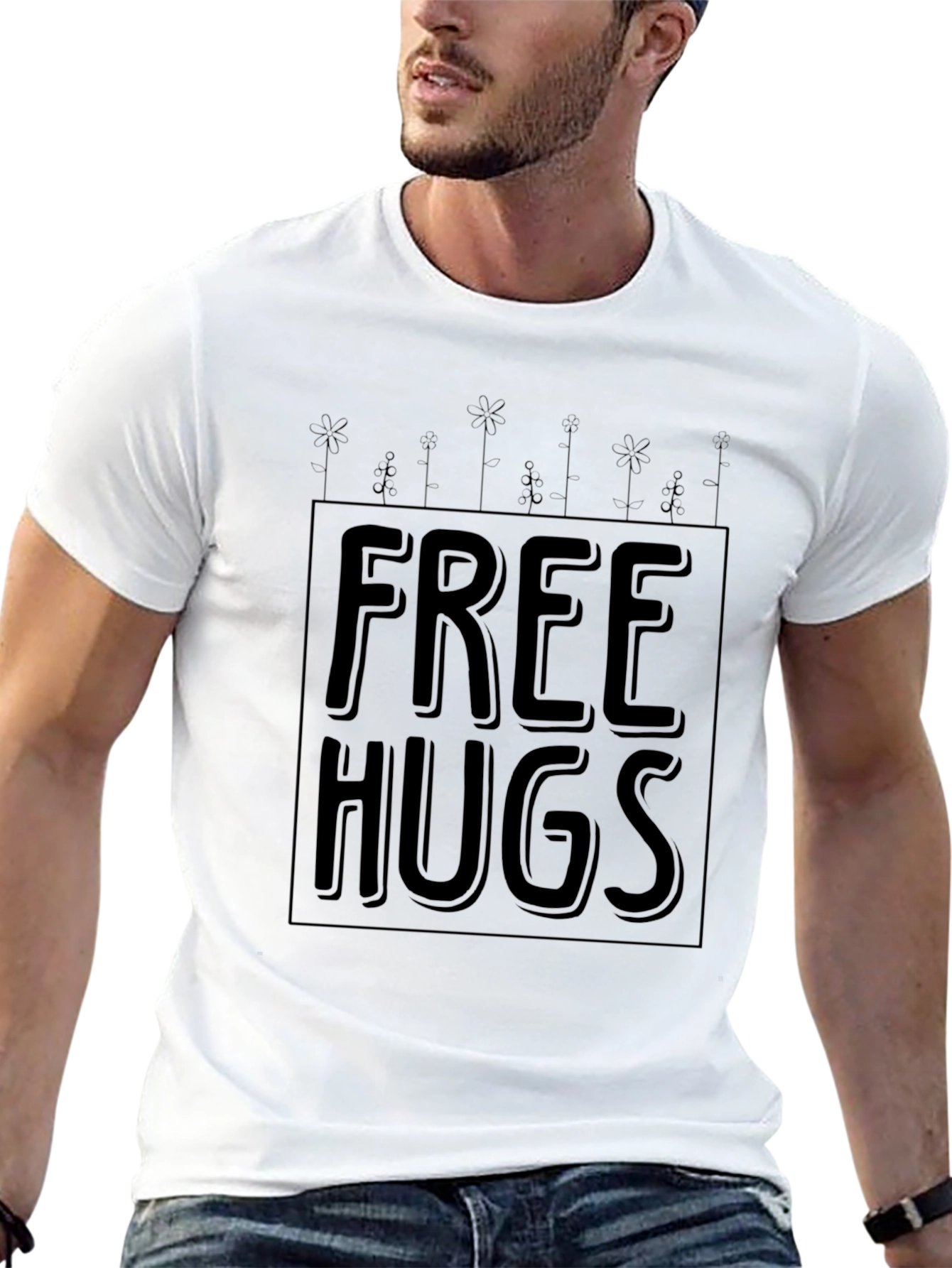 Free Hugs Graphic Print Black Tee