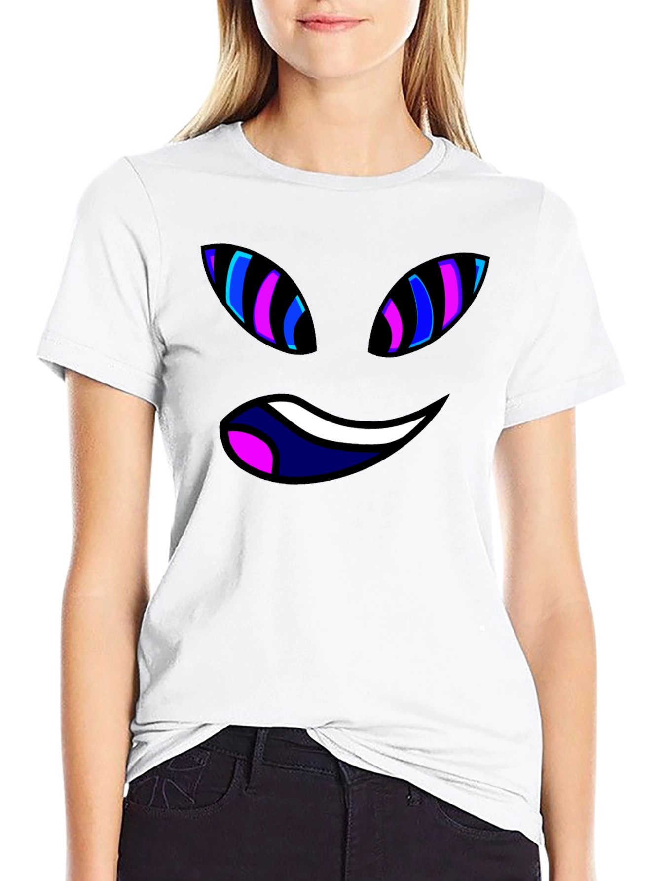 Black Tee with Trippy Cartoon Face Graphic