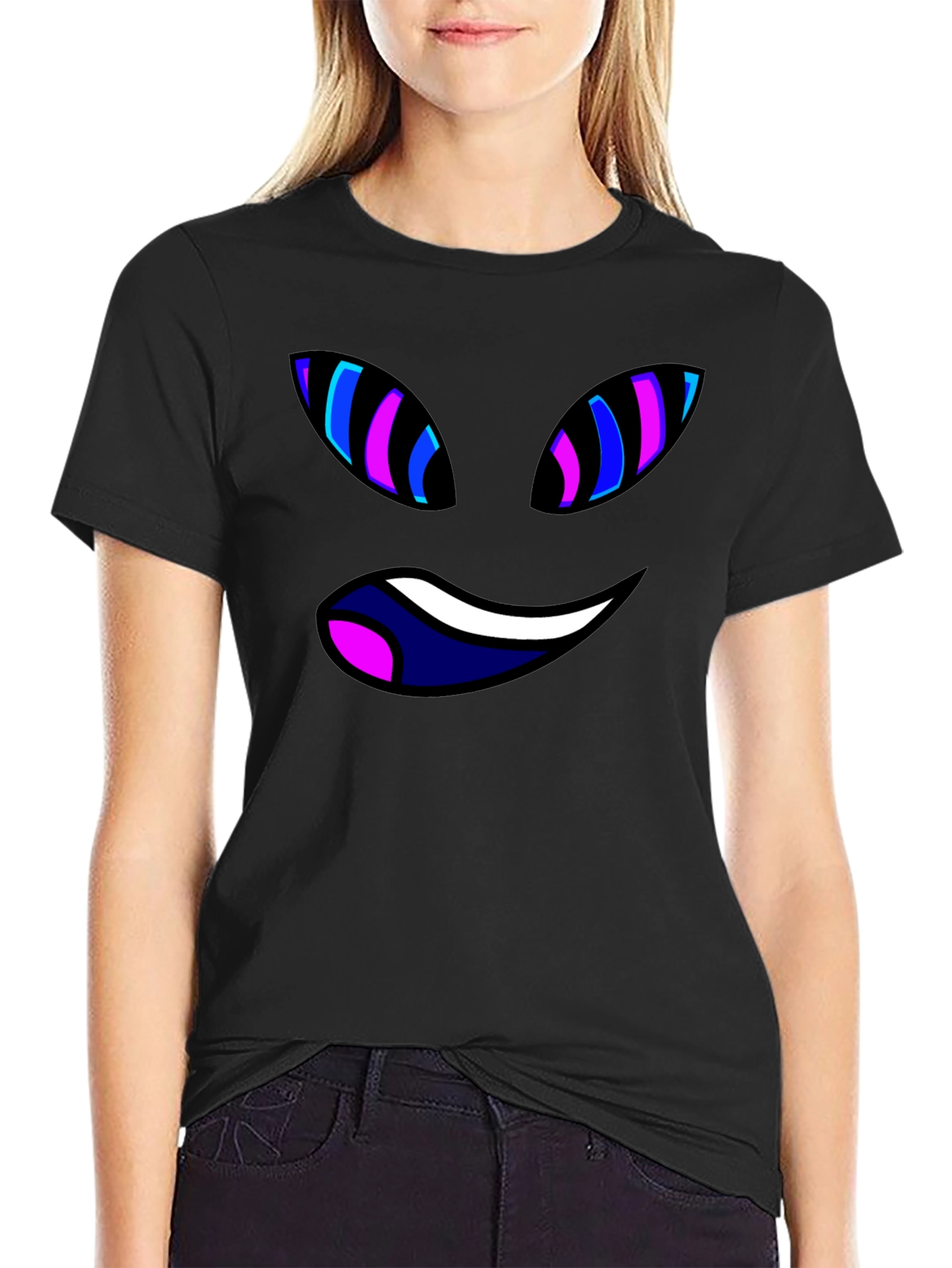 Black Tee with Trippy Cartoon Face Graphic