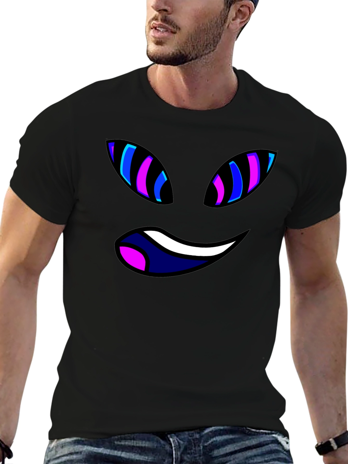 Black Tee with Trippy Cartoon Face Graphic