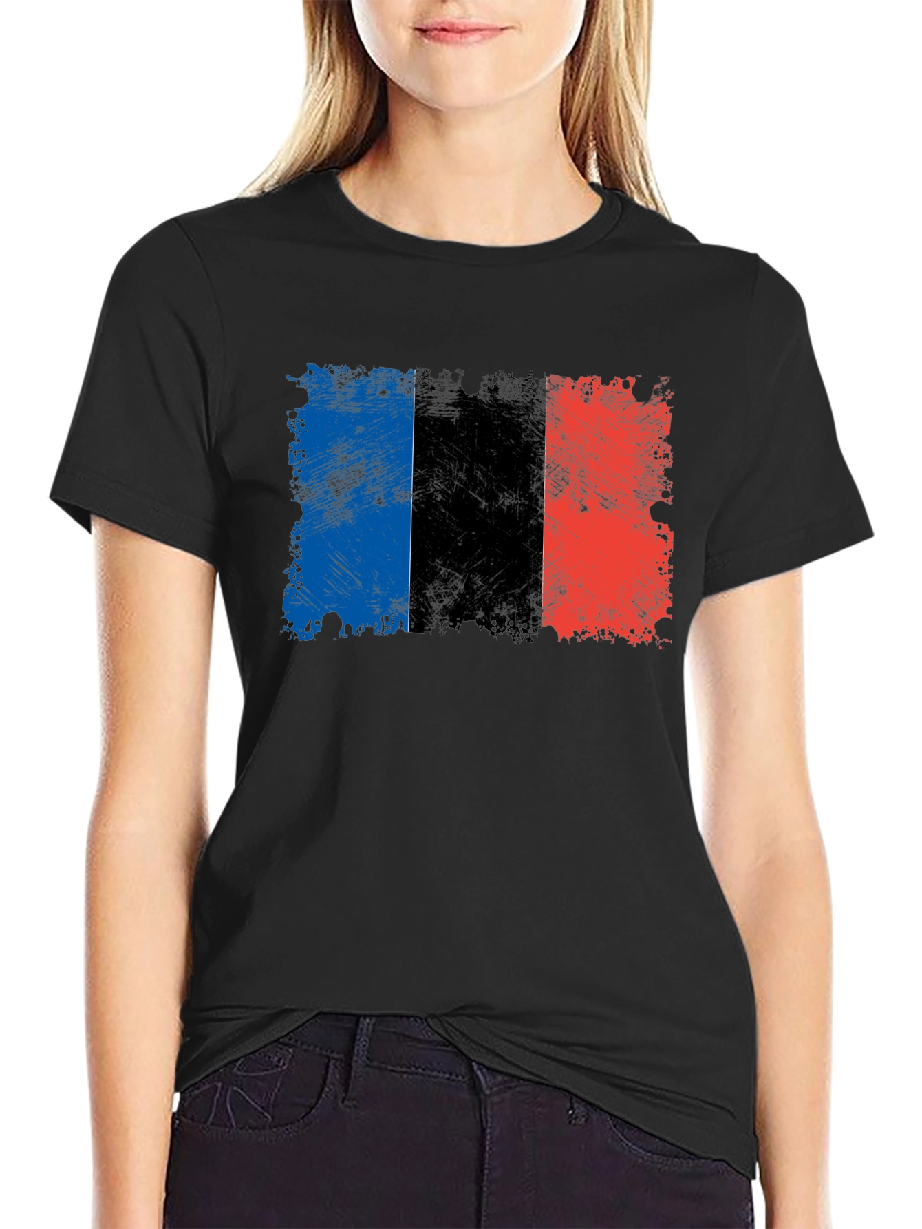 Distressed French Flag Graphic Tee - Black Cotton T-Shirt