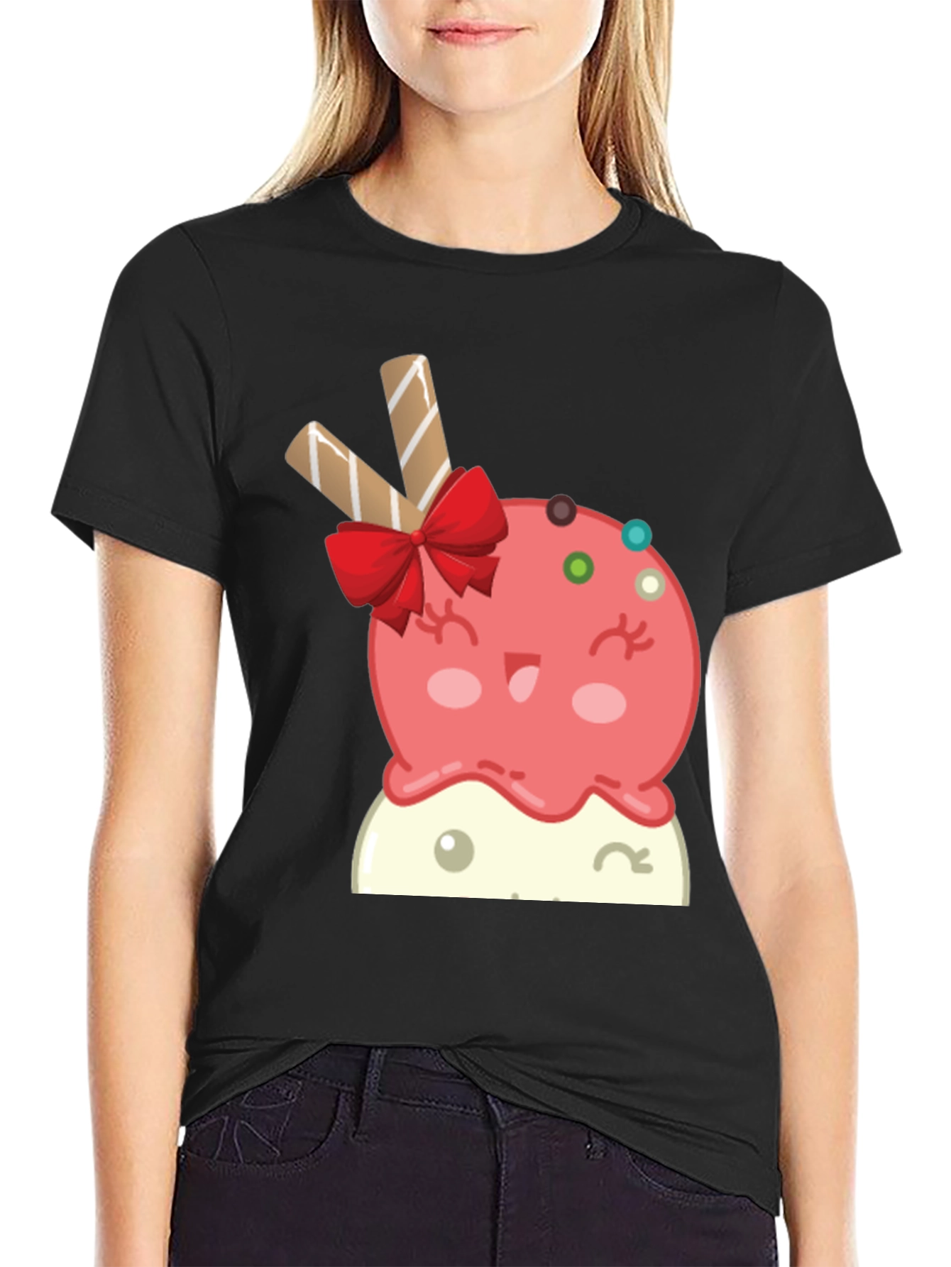 Cute Cartoon Ice Cream Graphic Tee - Black