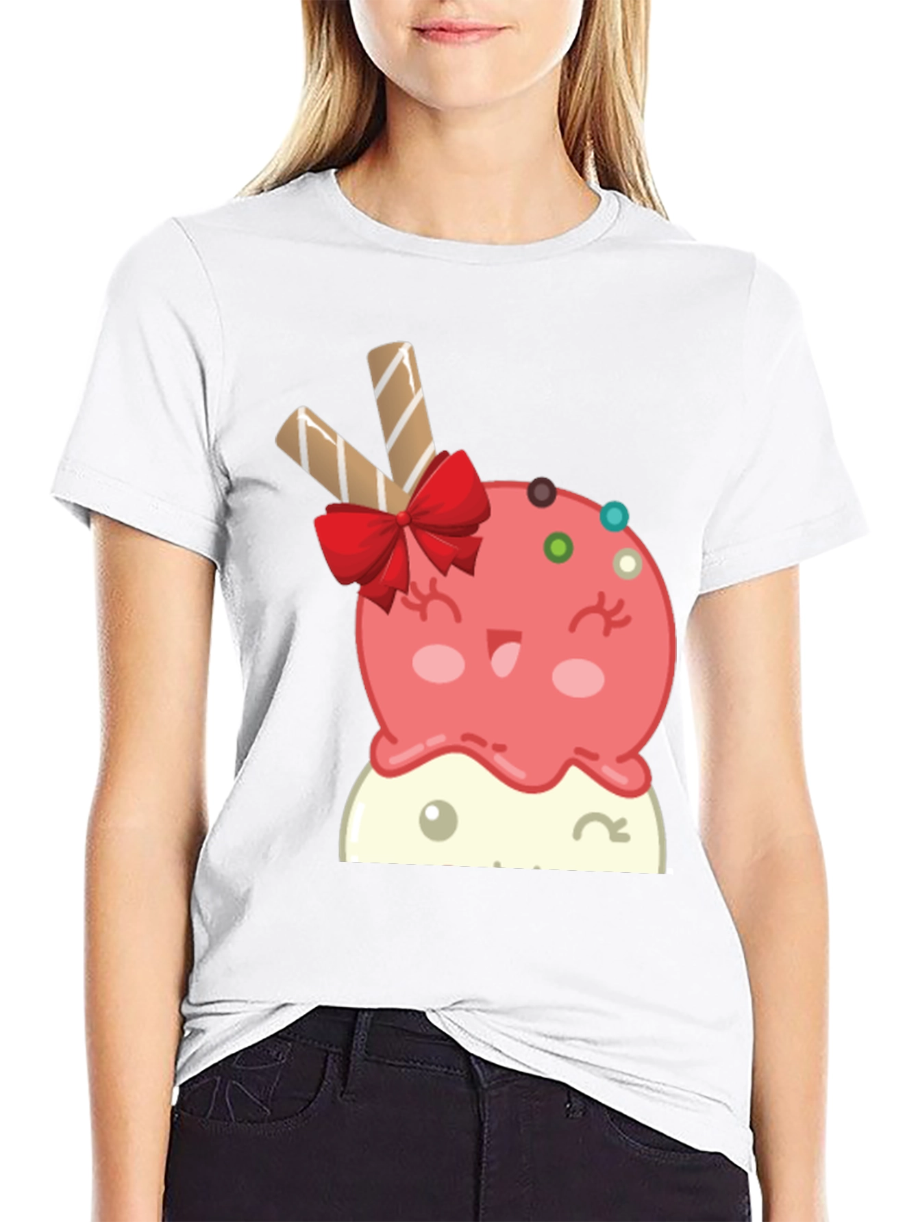 Cute Cartoon Ice Cream Graphic Tee - Black