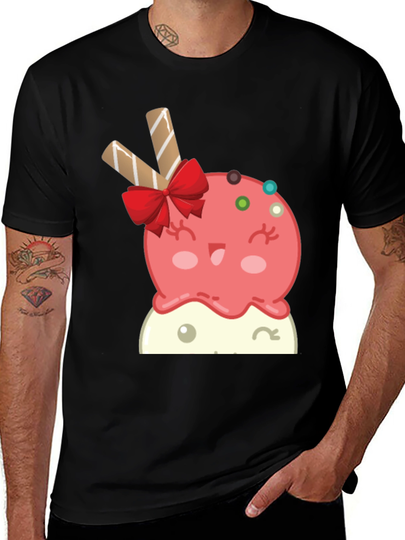 Cute Cartoon Ice Cream Graphic Tee - Black