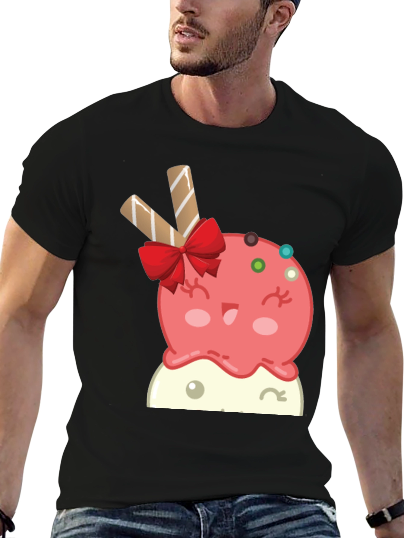 Cute Cartoon Ice Cream Graphic Tee - Black