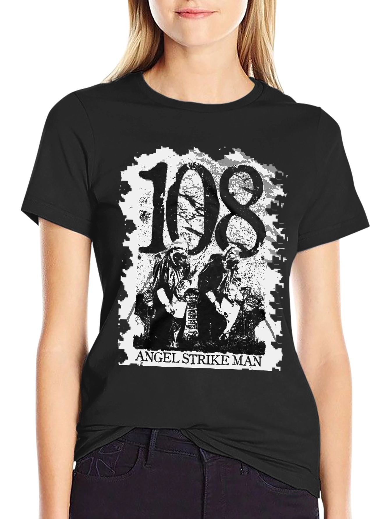 108 Angel Strike Man Black Graphic Tee
