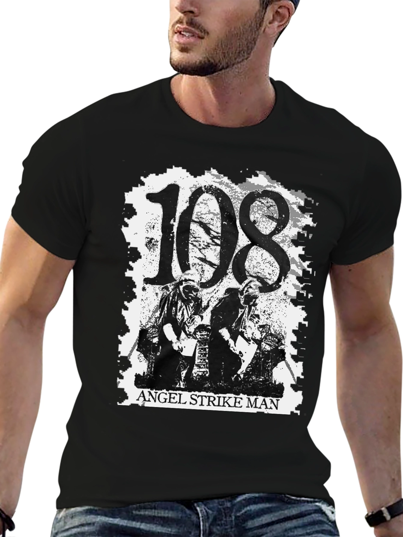 108 Angel Strike Man Black Graphic Tee