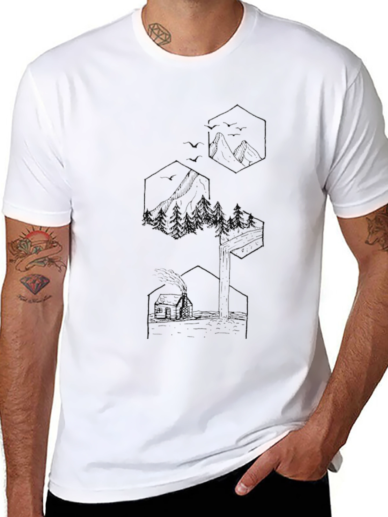 Geometric Mountain & Cabin Graphic Tee