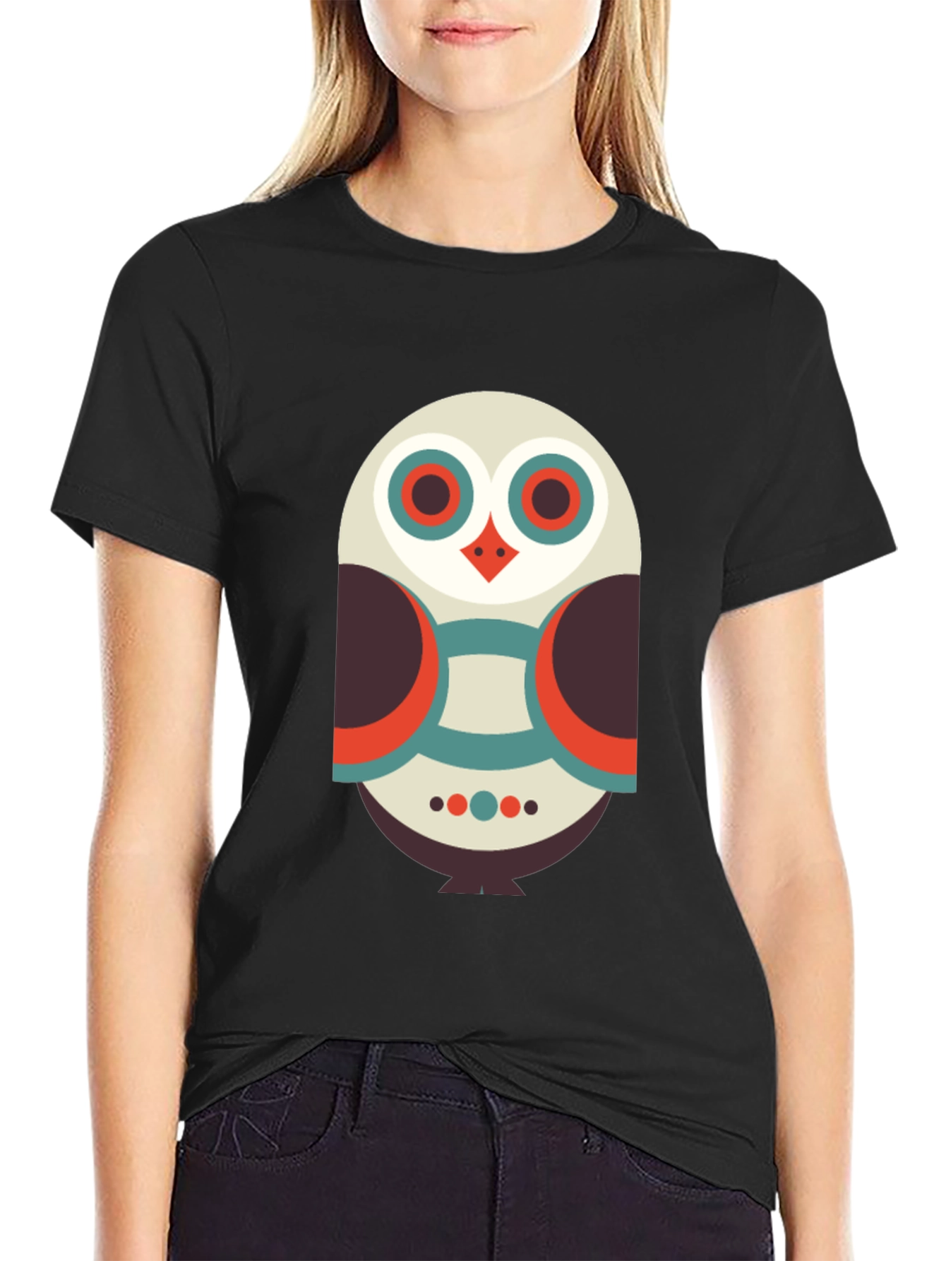 Geometric Owl Graphic Tee - Black