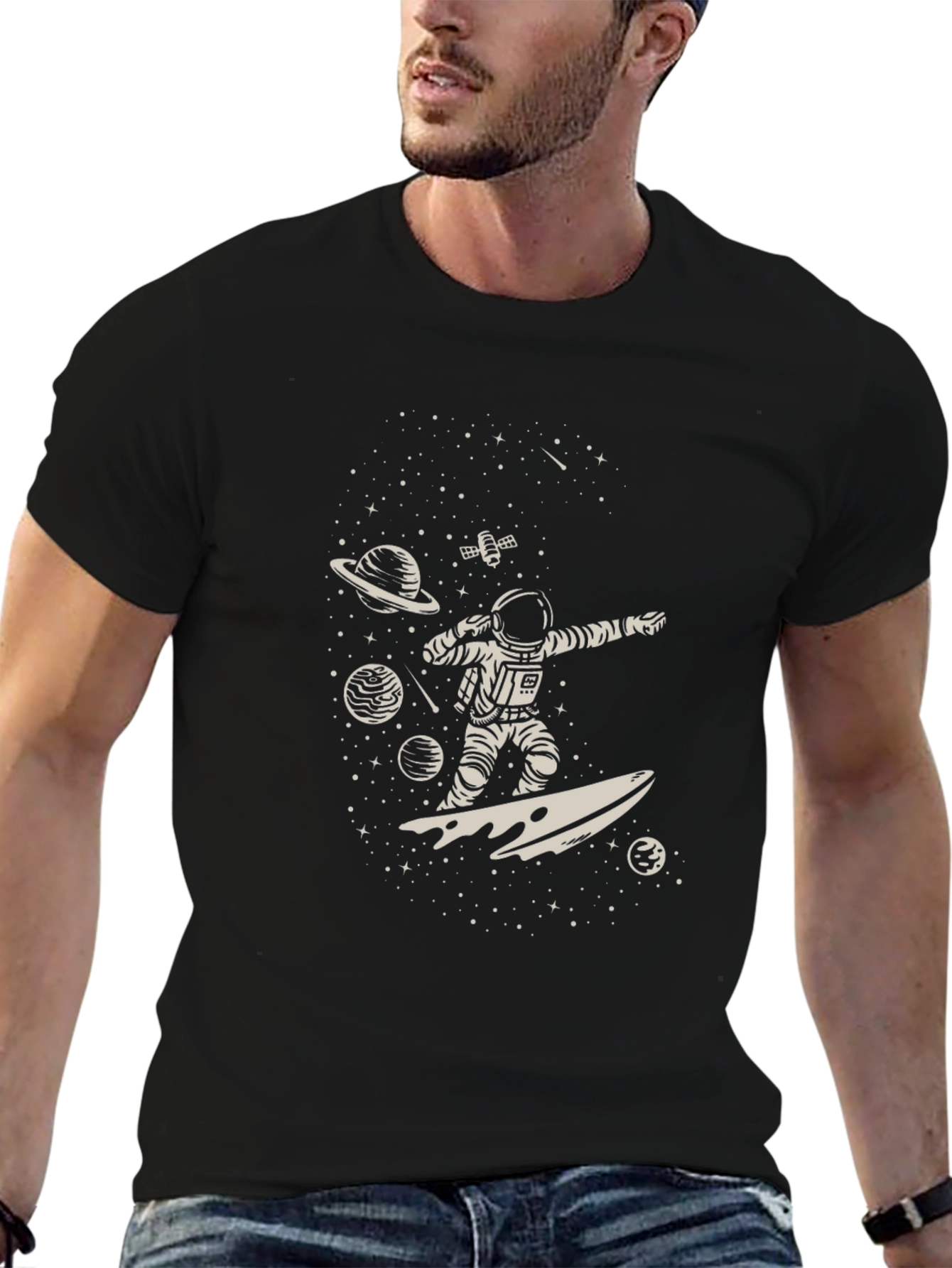 Astronaut Surfing Space Black Graphic Tee